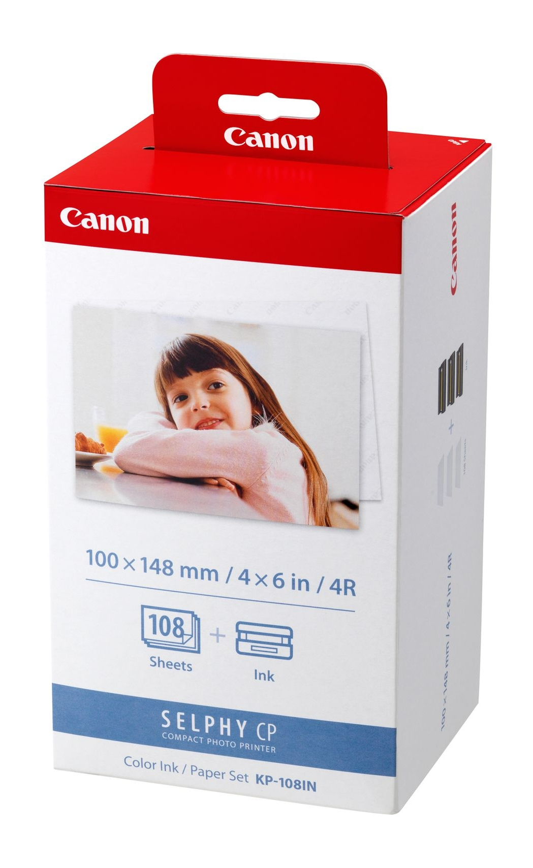 Bir Canon Selphy CP kutusu. Bir kız çocuğunun fotoğrafını, ürün adını ve kağıt ve mürekkep özelliklerini içerir.