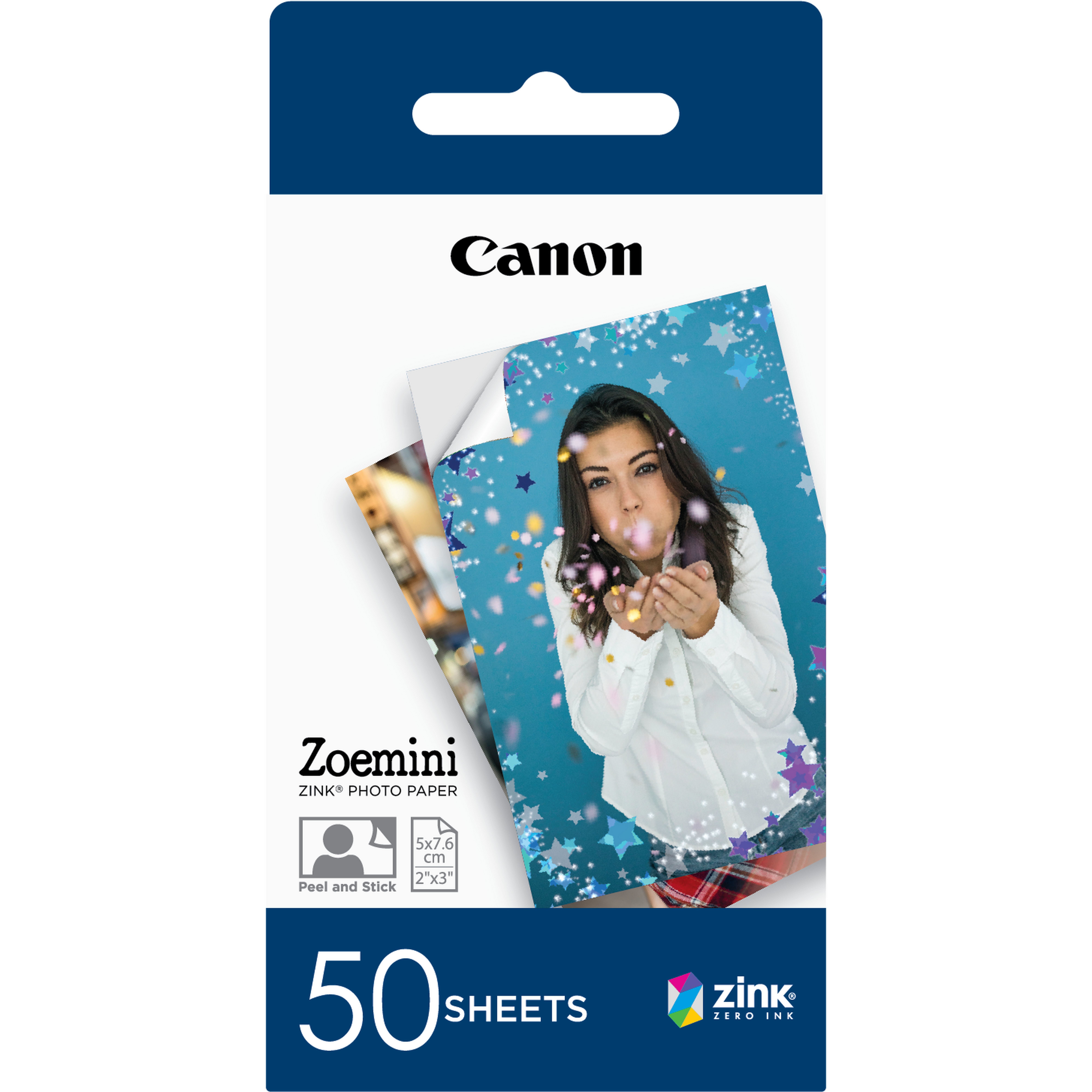 A Canon Zoemini photo paper package. It shows a woman blowing confetti from her hands. It is a blue background.