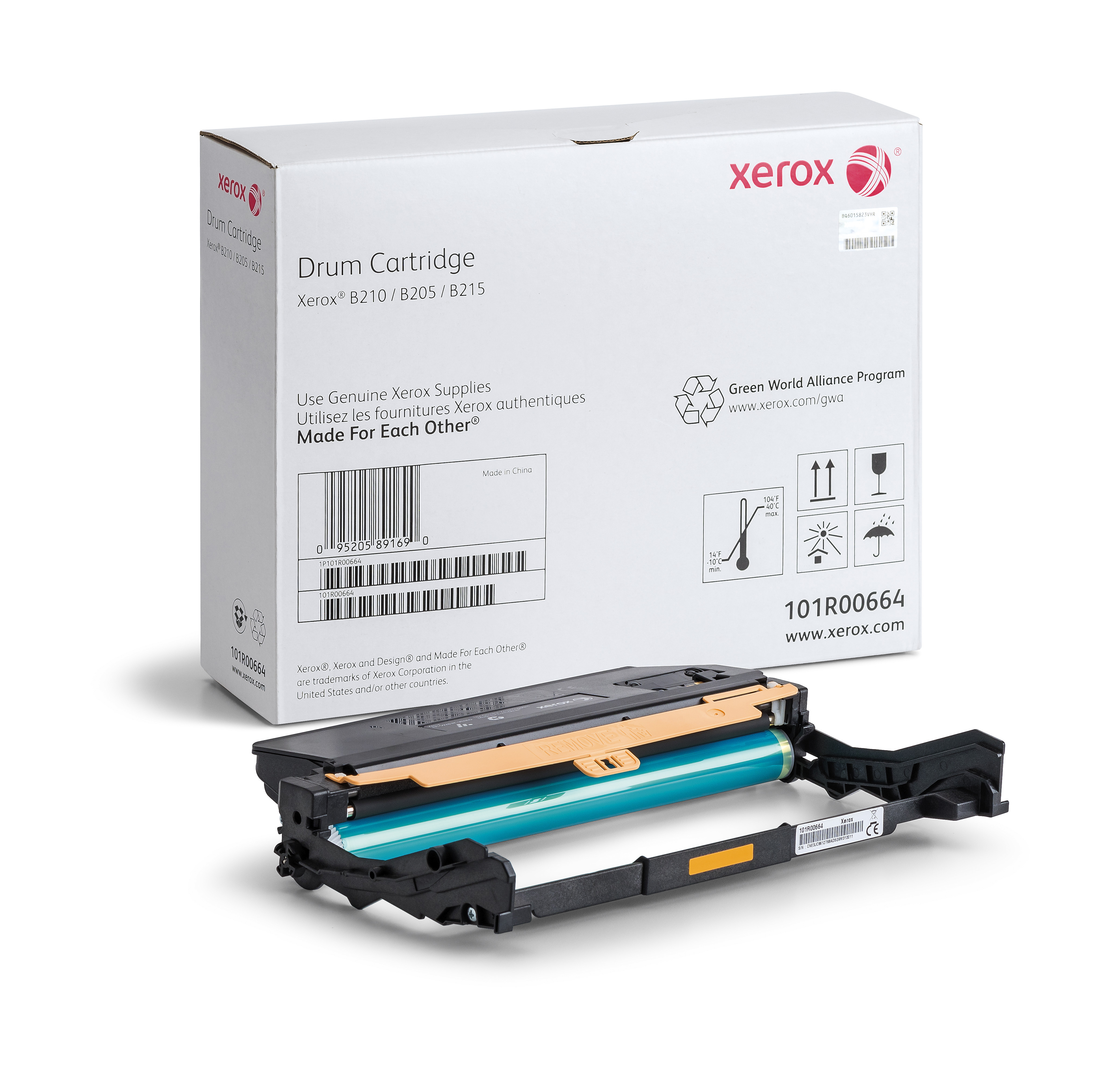 Scatola e cartuccia toner Xerox. La scatola ha testo, la cartuccia è nera con cilindro verde.