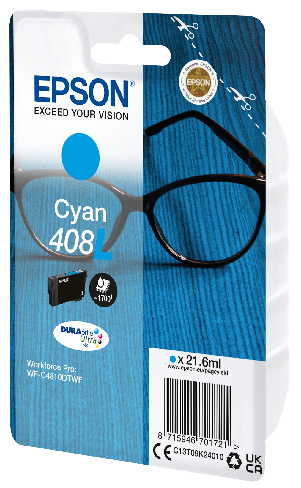 Epson Cyan inktcartridge verpakking. Toont bril, tekst en productdetails op een blauwe, getextureerde achtergrond.