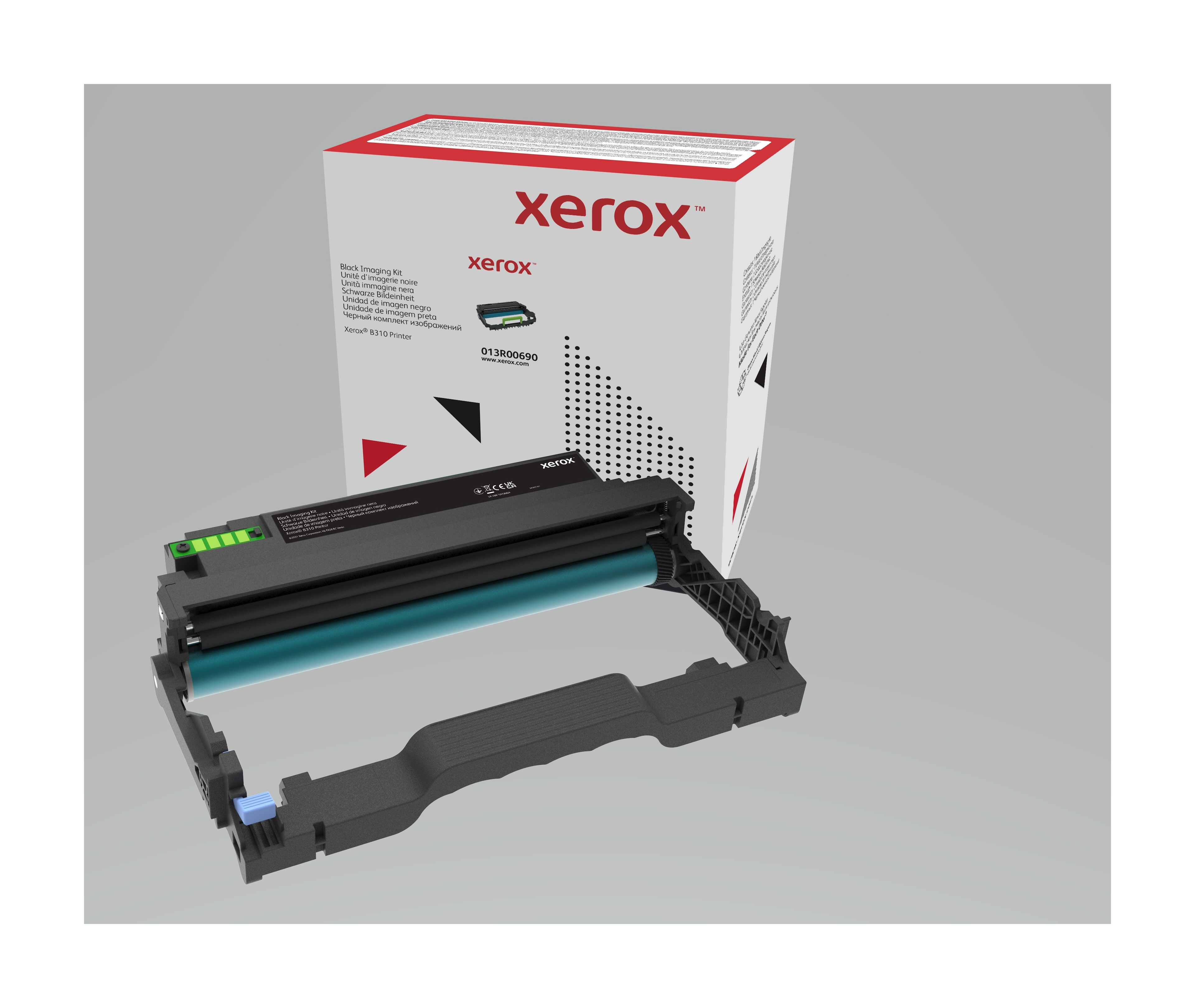 Ein Xerox Schwarz-Imaging-Kit. Eine schwarze und graue Druckerkomponente mit einem türkis Zylinder, vor der Box.