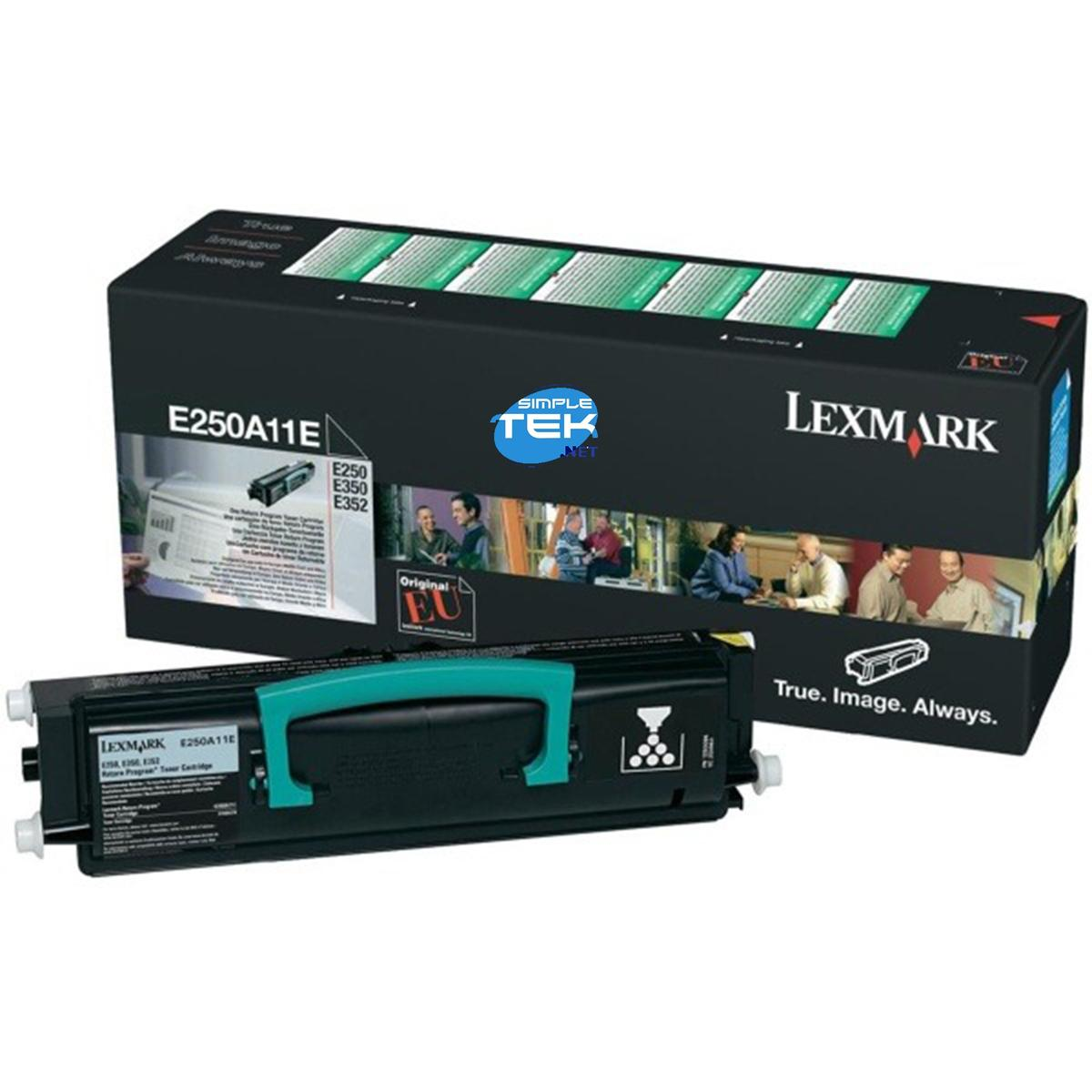 Scatola e cartuccia toner Lexmark E250A11E. Scatola nera con dettagli verdi. Logo Lexmark visibile.