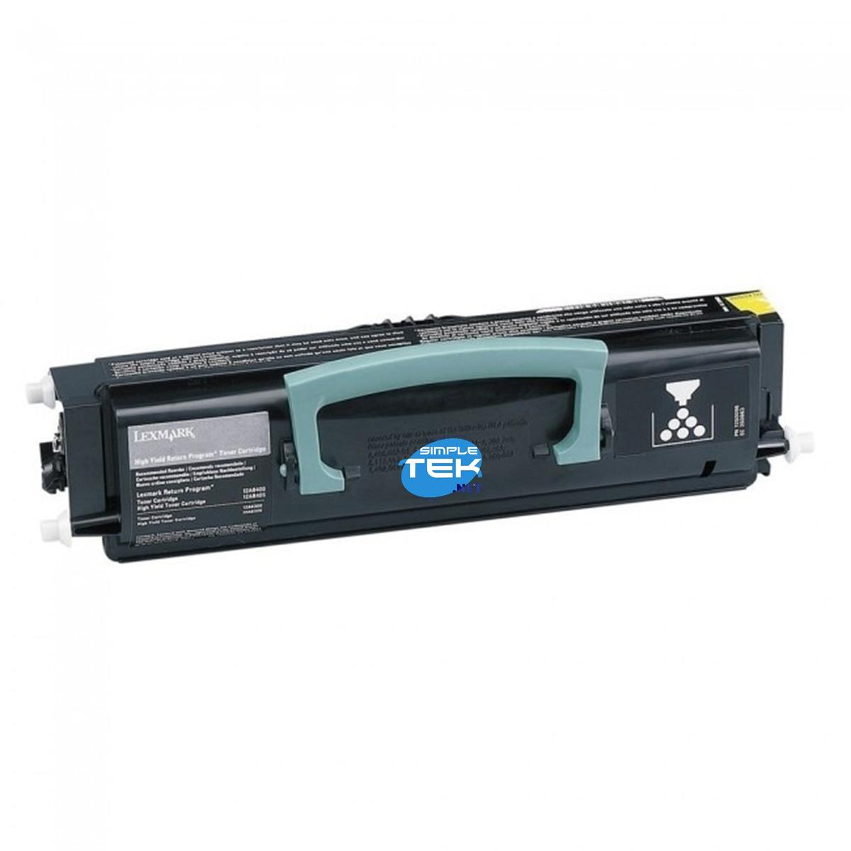 Una cartuccia toner Lexmark nera con maniglia verde e logo Simple Tek blu su sfondo bianco.