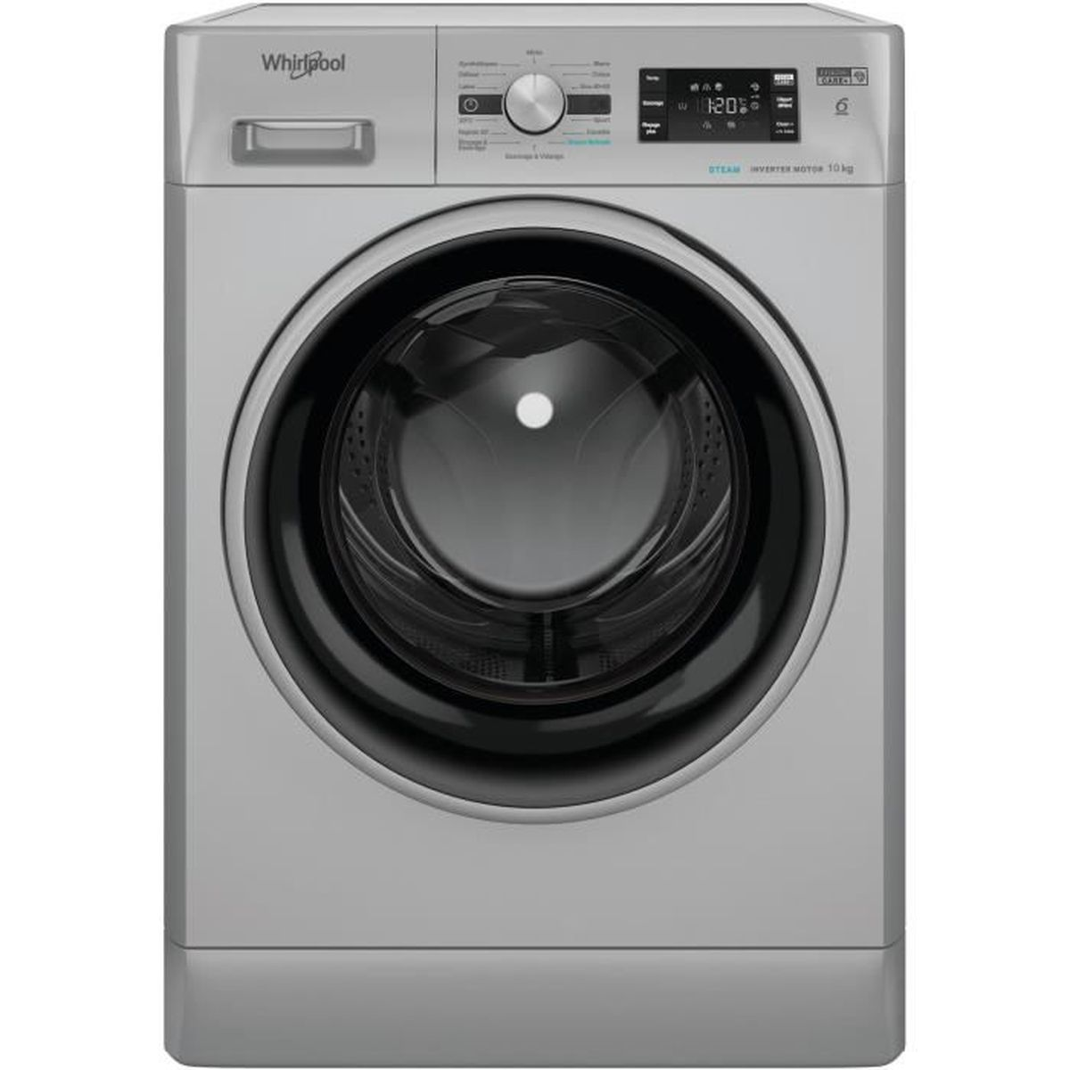 Eine silberne Whirlpool-Waschmaschine. Sie hat eine schwarze Tür und ein Bedienfeld mit Digitalanzeige 1:20.