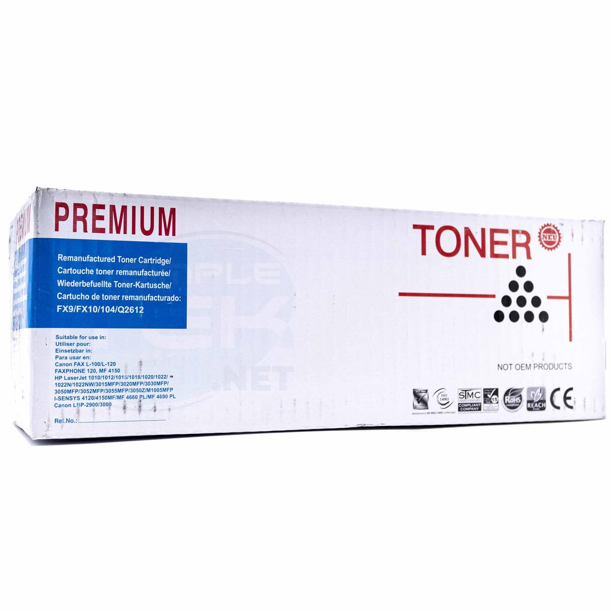 Scatola cartuccia toner con etichette 'PREMIUM' e 'TONER'. Dettagli prodotto e certificazioni su sfondo bianco.