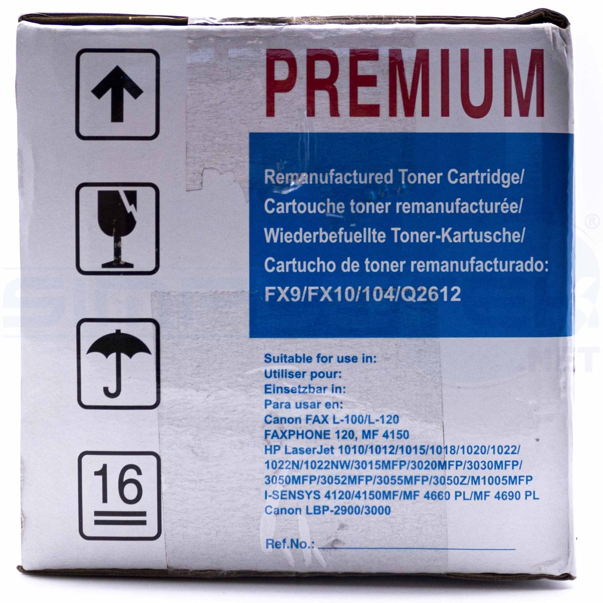 Scatola con testo "PREMIUM", simboli di cura ed elenco di compatibilità dei modelli di stampante.
