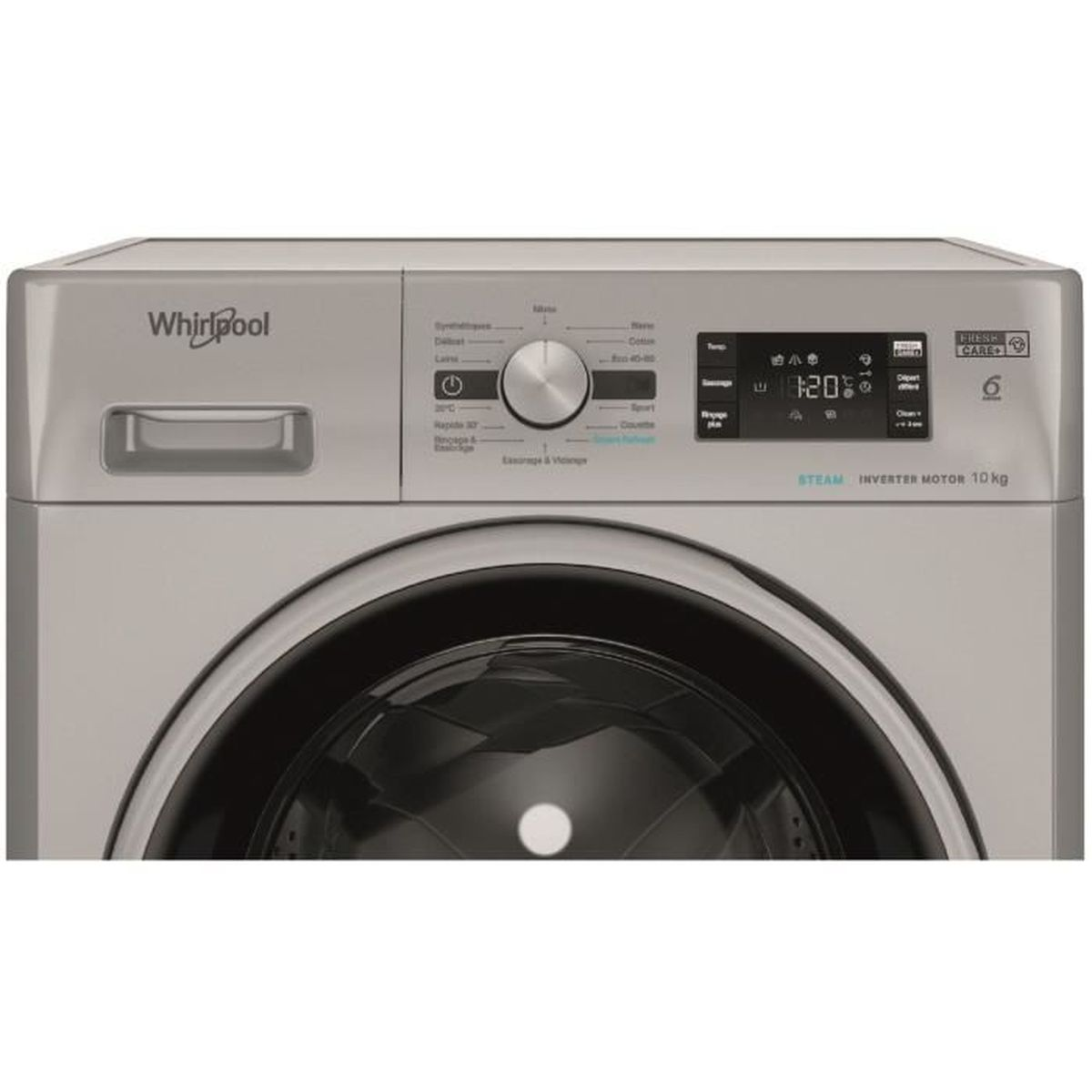 Eine silberne Whirlpool-Waschmaschine. Sie hat ein Bedienfeld mit einem Drehknopf und einem Digitaldisplay. Die Tür ist schwarz und gebogen.