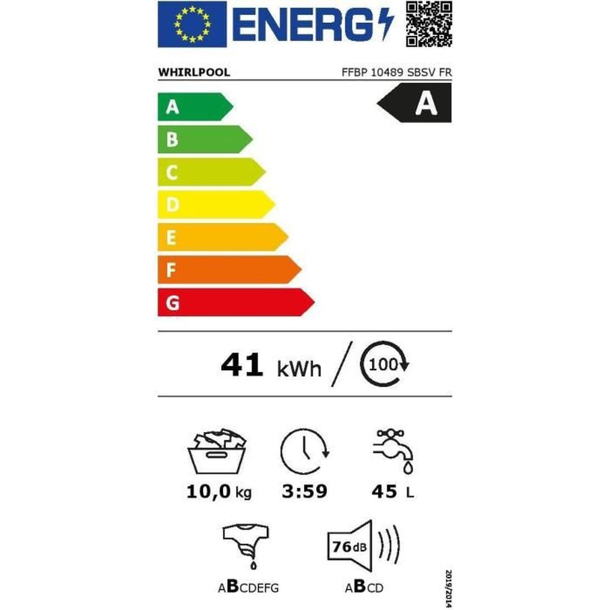 Energielabel mit Whirlpool-Logo, Effizienzklasse A, zeigt Energieverbrauch, Wasserverbrauch und Geräuschpegel.
