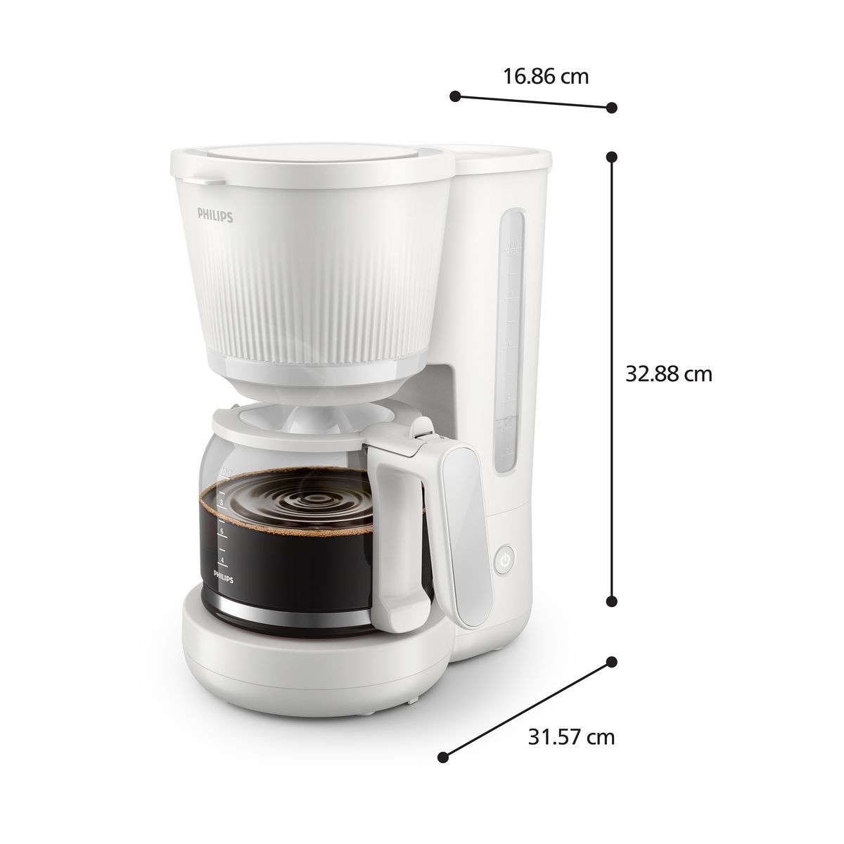 Biały ekspres do kawy Philips ze szklaną karafką. Wymiary są pokazane. Karafka zawiera ciemną kawę.
