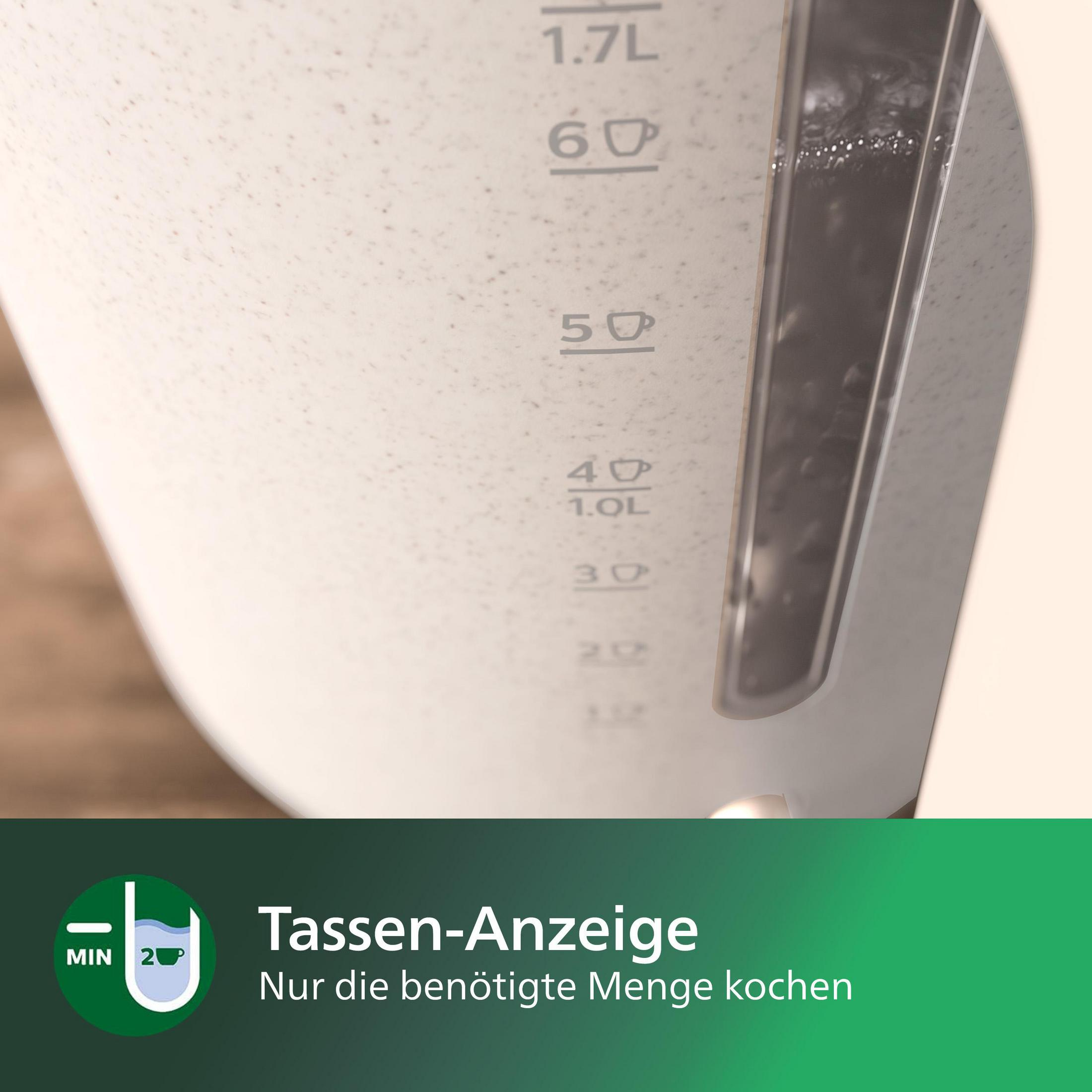 Biały czajnik elektryczny ze wskaźnikiem poziomu wody. Poziom wody jest widoczny. Tekst na czajniku brzmi: 'Tassen-Anzeige'.