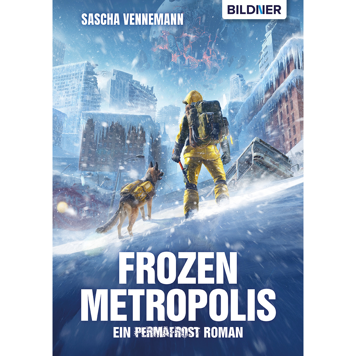 Eine Person in gelbem Anzug geht mit einem Hund in einer verschneiten Stadt. Der Titel lautet "Frozen Metropolis". Wolkenkratzer im Hintergrund.