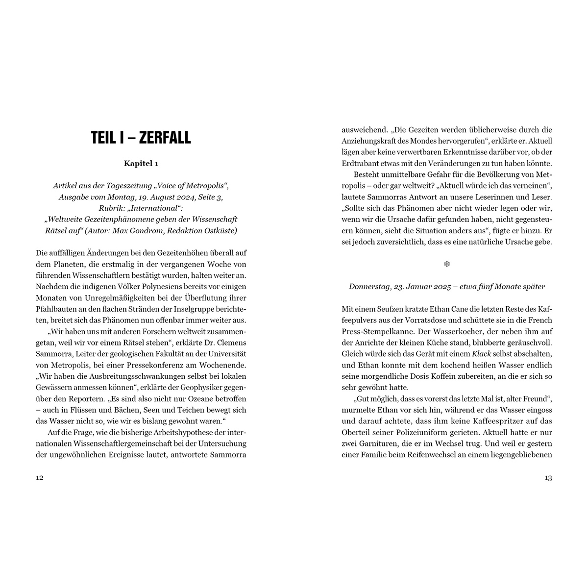 Text auf einer Seite, Artikel über Gezeitenphänomene, mit Text und Zahlen.