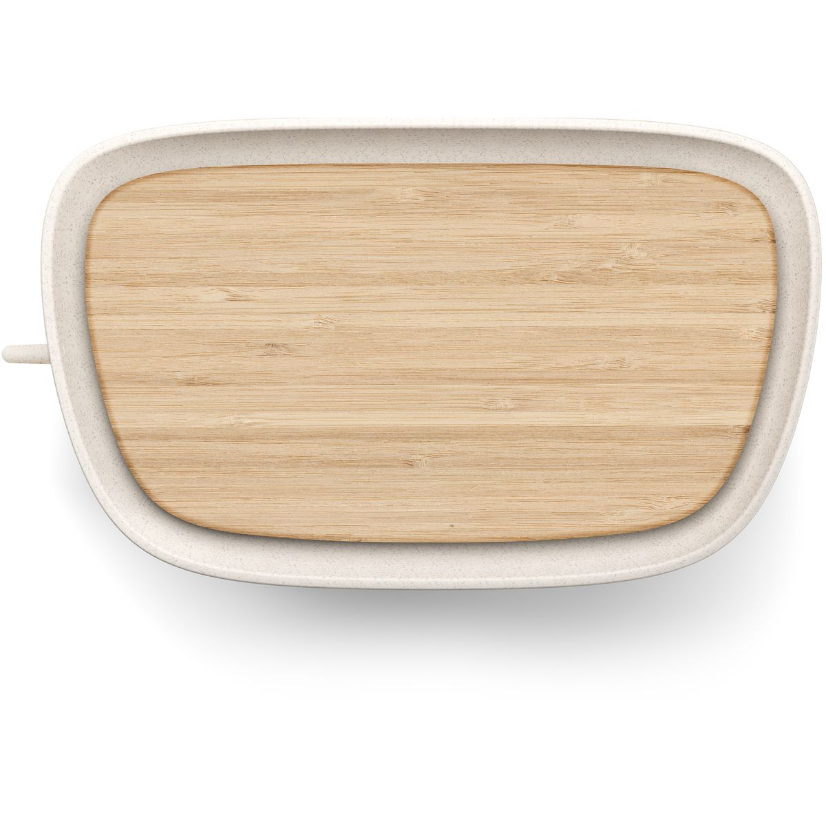 Widok z góry na jasną drewnianą deskę do krojenia w białej tacy z zaokrąglonymi krawędziami. Widoczny biały uchwyt.