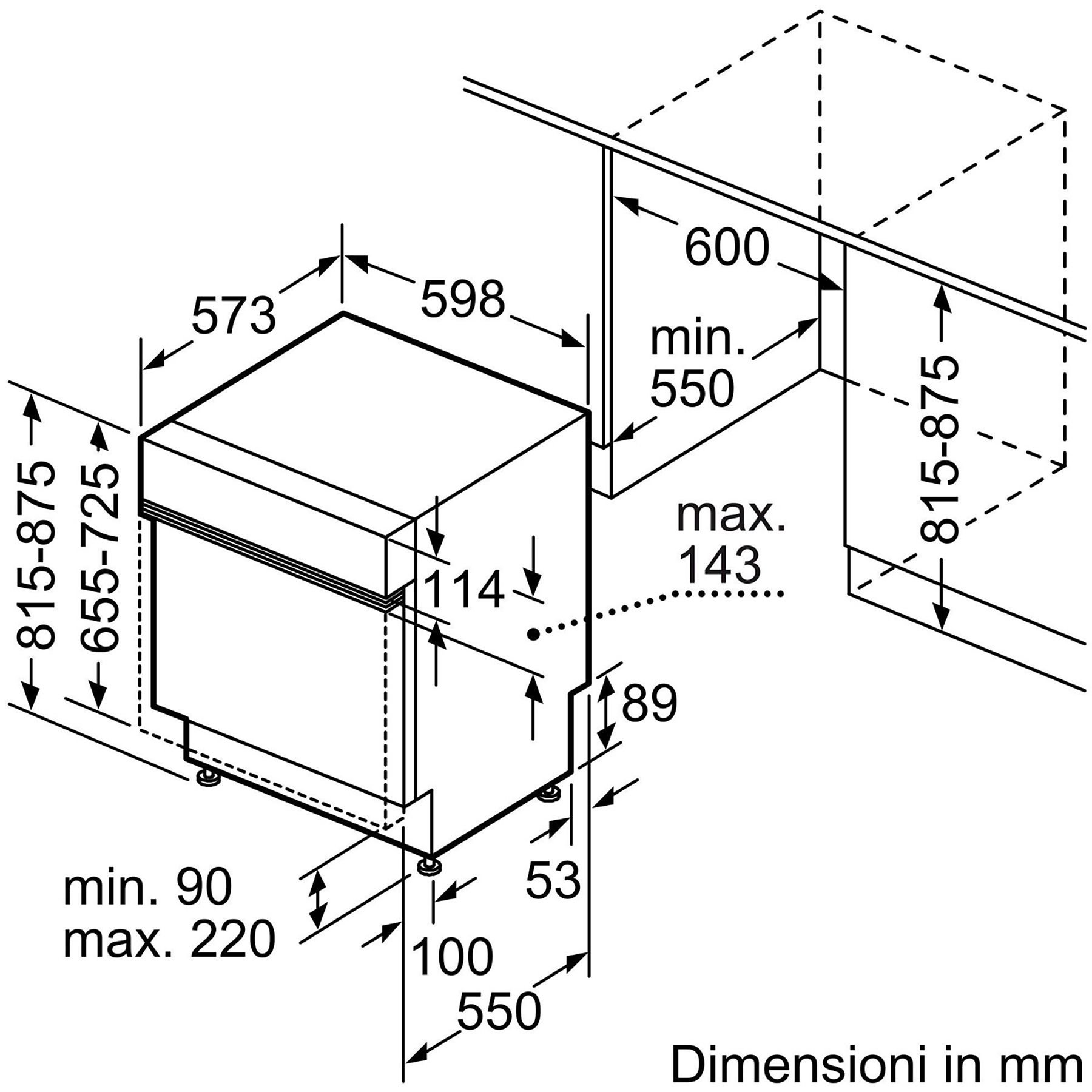 Diagramm eines Geschirrspülers mit Maßen in Millimetern. Enthält Höhen-, Breiten- und Tiefenmaße für die Installation.