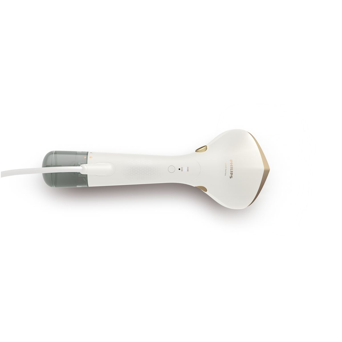 Ein weißer und goldener Philips-Dampfglätter liegt auf einer weißen Oberfläche. Er hat ein Kabel und Knöpfe. Der Hintergrund ist weiß.