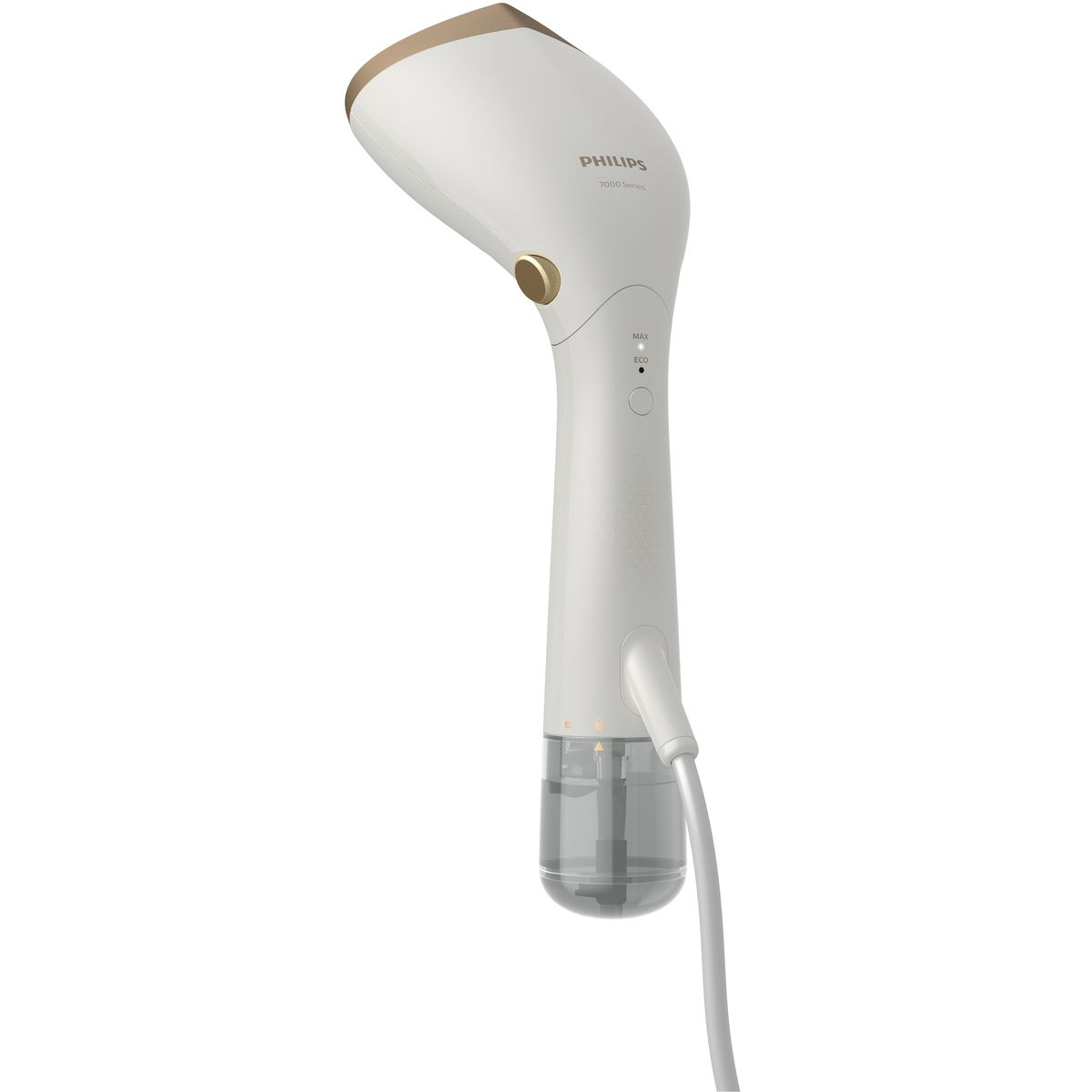 Ein weißer Philips-Dampfglätter mit goldenen Akzenten. Er hat einen Wassertank, ein Netzkabel und Bedienelemente.