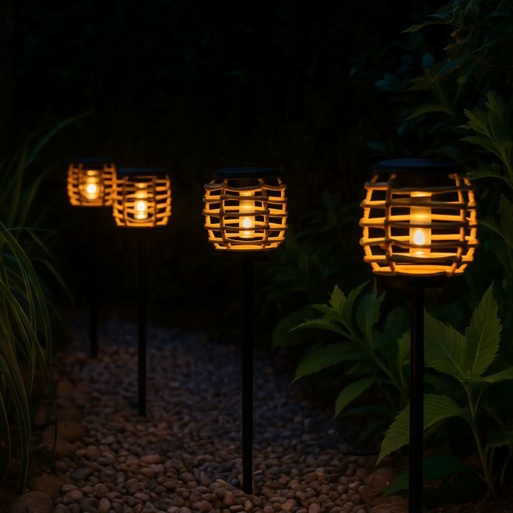 Four glowing garden lanterns in a row, with a warm light. They are on black poles, and the background is dark foliage.