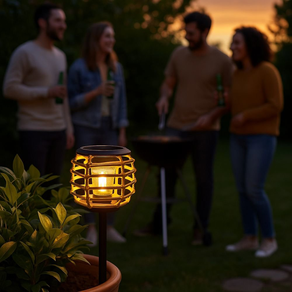 A lit garden lantern in the foreground. Four people are blurred in the background, grilling and socializing during sunset.
