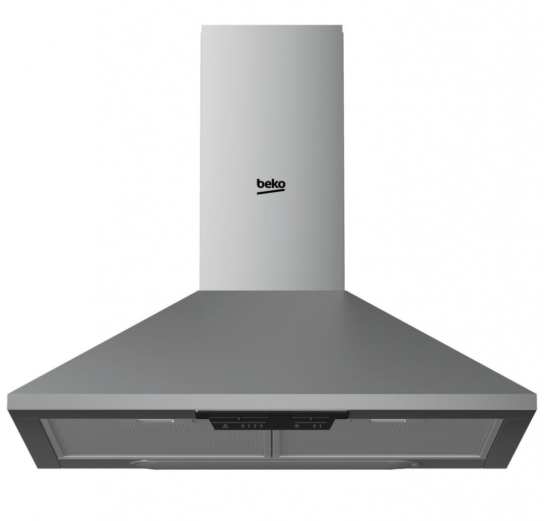 Una campana extractora Beko de acero inoxidable. Tiene forma rectangular con botones de control y un filtro en la parte inferior. El logotipo de la marca es visible.