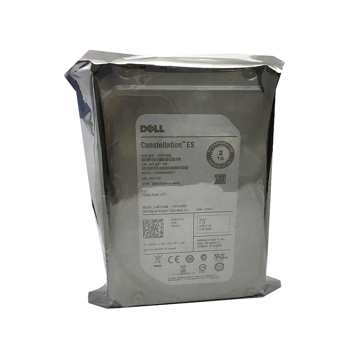 Un disco rigido Dell Constellation ES da 2 TB in una confezione argentata sigillata su sfondo bianco.
