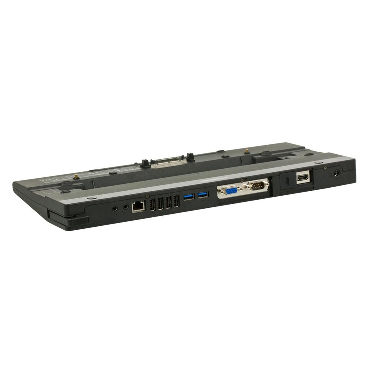 Una docking station nera con varie porte su sfondo bianco. Ha connettori USB, VGA e altri.