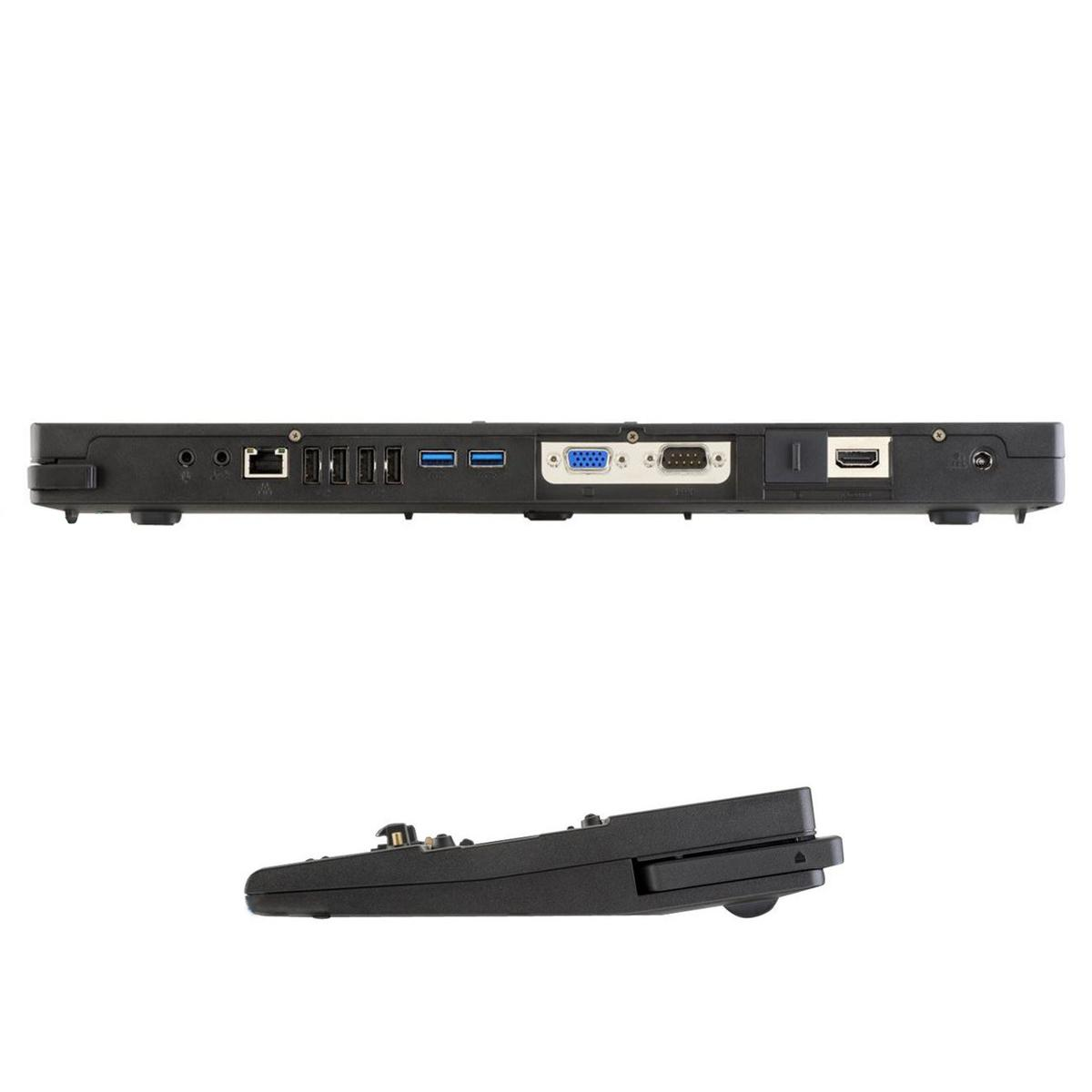 Base per laptop nera con varie porte e un pezzo angolato separato. La base ha più porte di ingresso/uscita.
