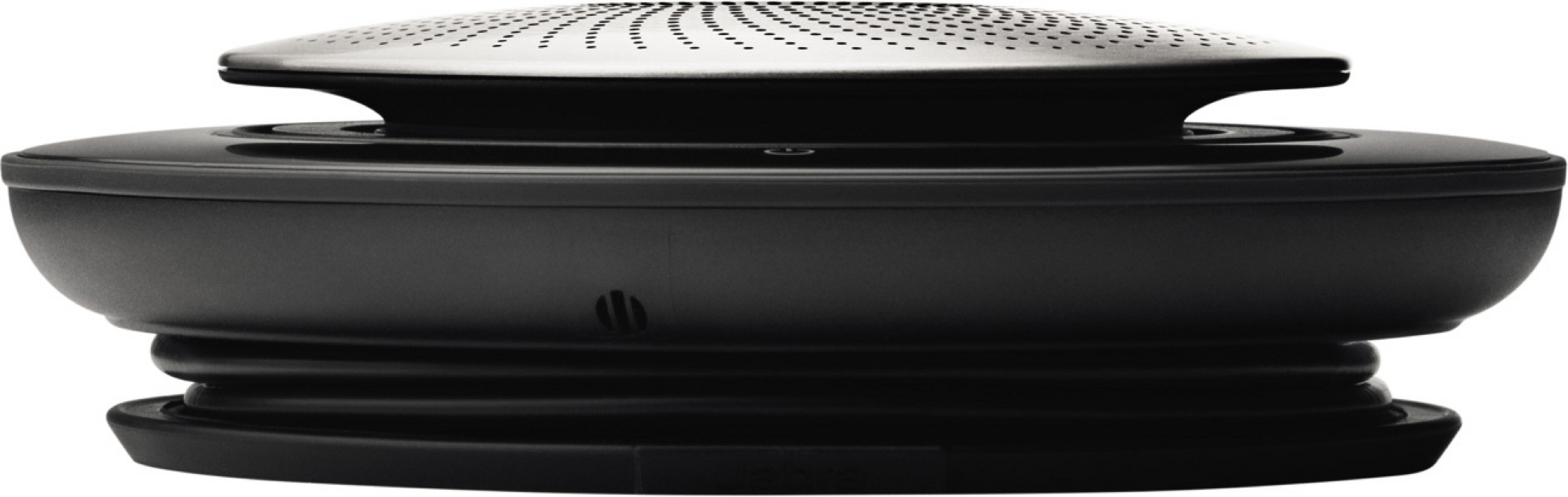 Czarny głośnik ze srebrną górą. Ma okrągły kształt z perforowaną górą i żebrowaną podstawą.