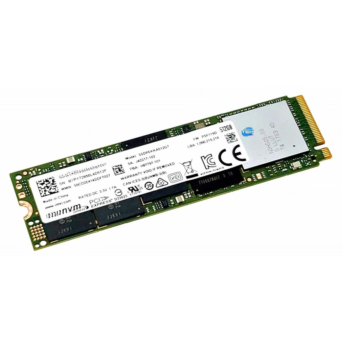 Eine grüne Leiterplatte mit Chips, Etiketten und Anschlüssen. Sie hat das Intel-Logo und verschiedene technische Details.