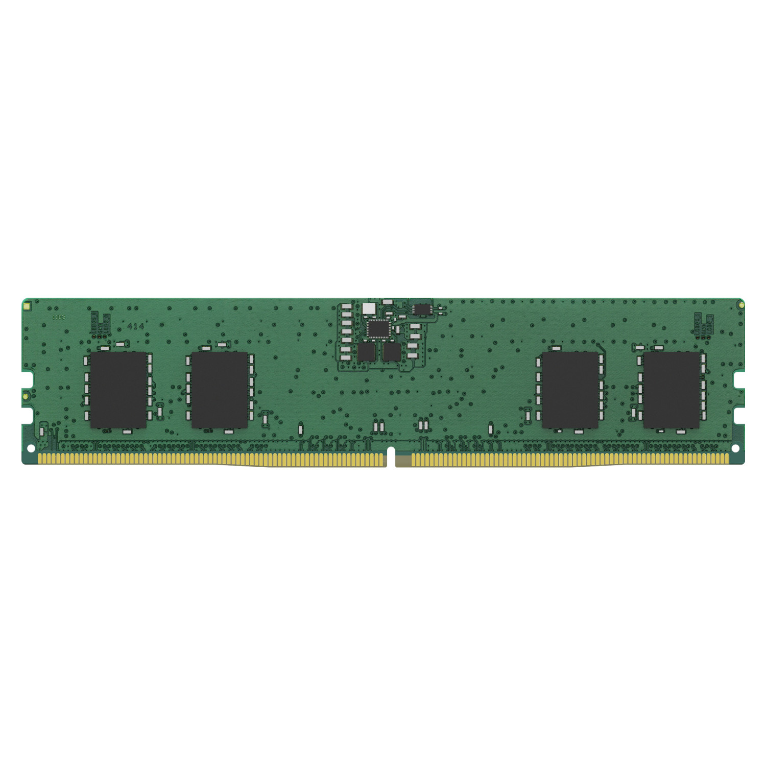 Ein grünes RAM-Modul mit schwarzen rechteckigen Chips und goldenen Anschlüssen am Boden auf weißem Hintergrund.