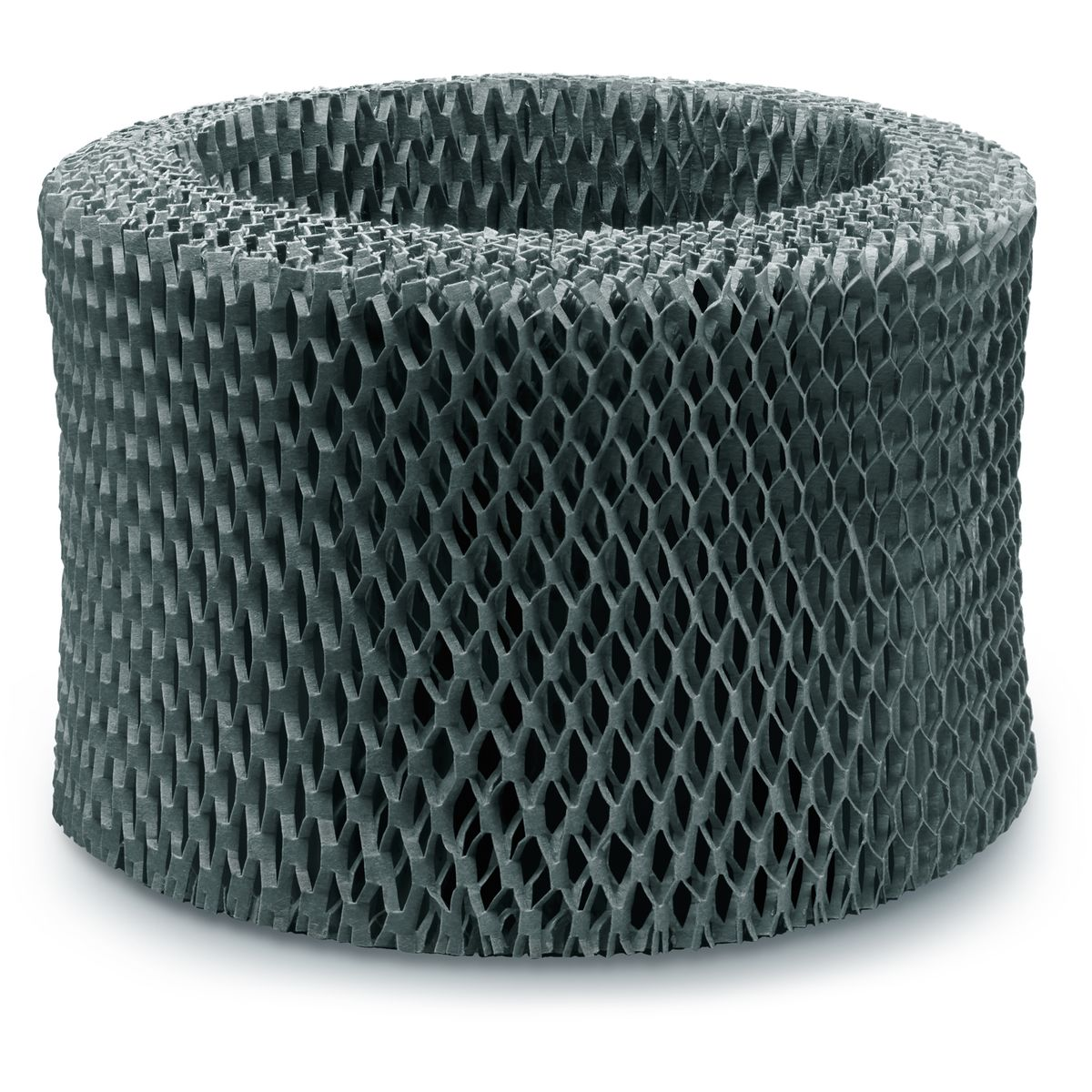 Cylindryczny filtr powietrza o wzorze plastra miodu, szary, na białym tle. Filtr ma okrągły otwór u góry.