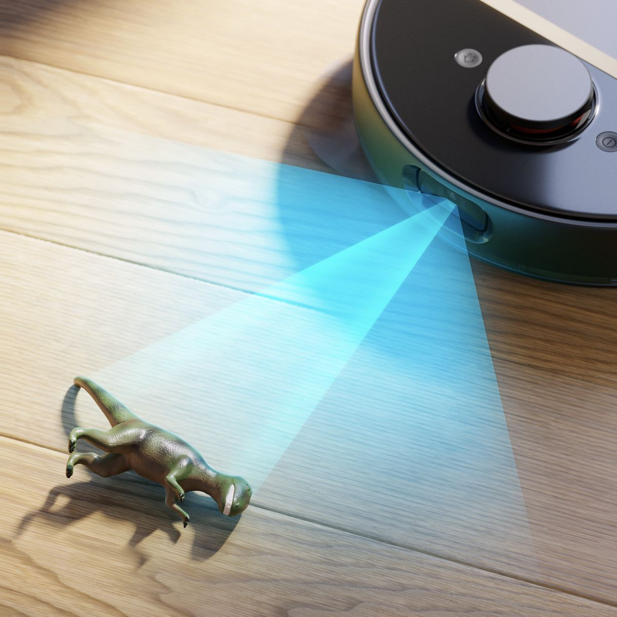 Robot odkurzający z niebieskim światłem skanuje drewnianą podłogę. Zielona zabawka dinozaura leży na podłodze.