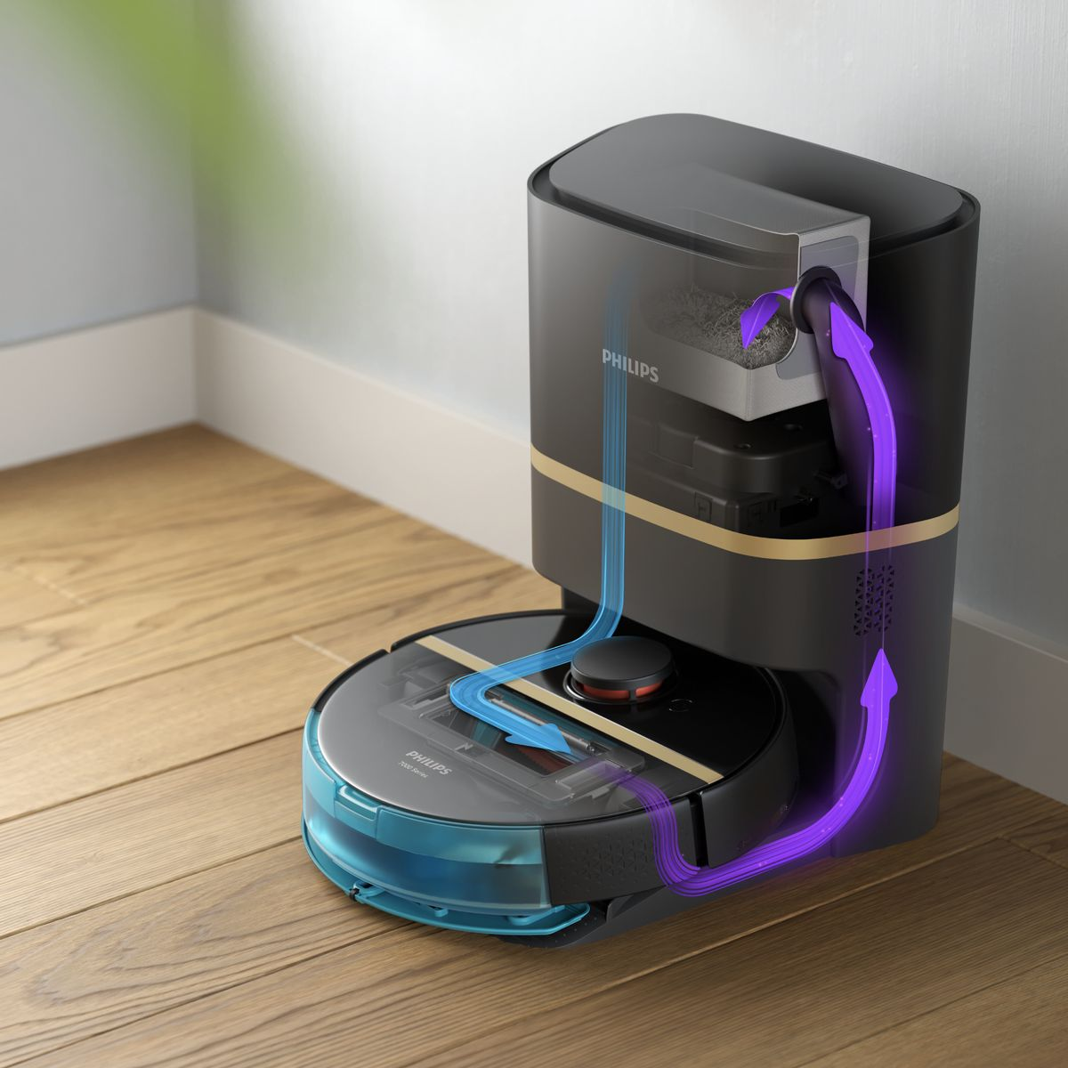 Czarny i złoty robot odkurzający Philips z stacją ładującą. Strzałki pokazują proces czyszczenia i opróżniania.