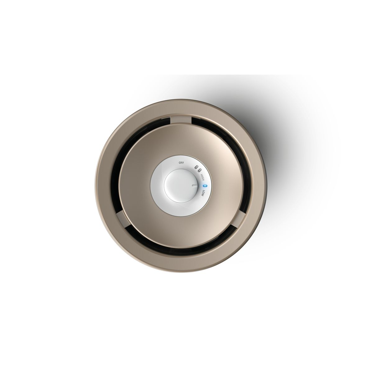 Widok z góry na beżowy oczyszczacz powietrza. Ma okrągły kształt z centralnym pokrętłem i ustawieniem wyłączone, niskie i wysokie.