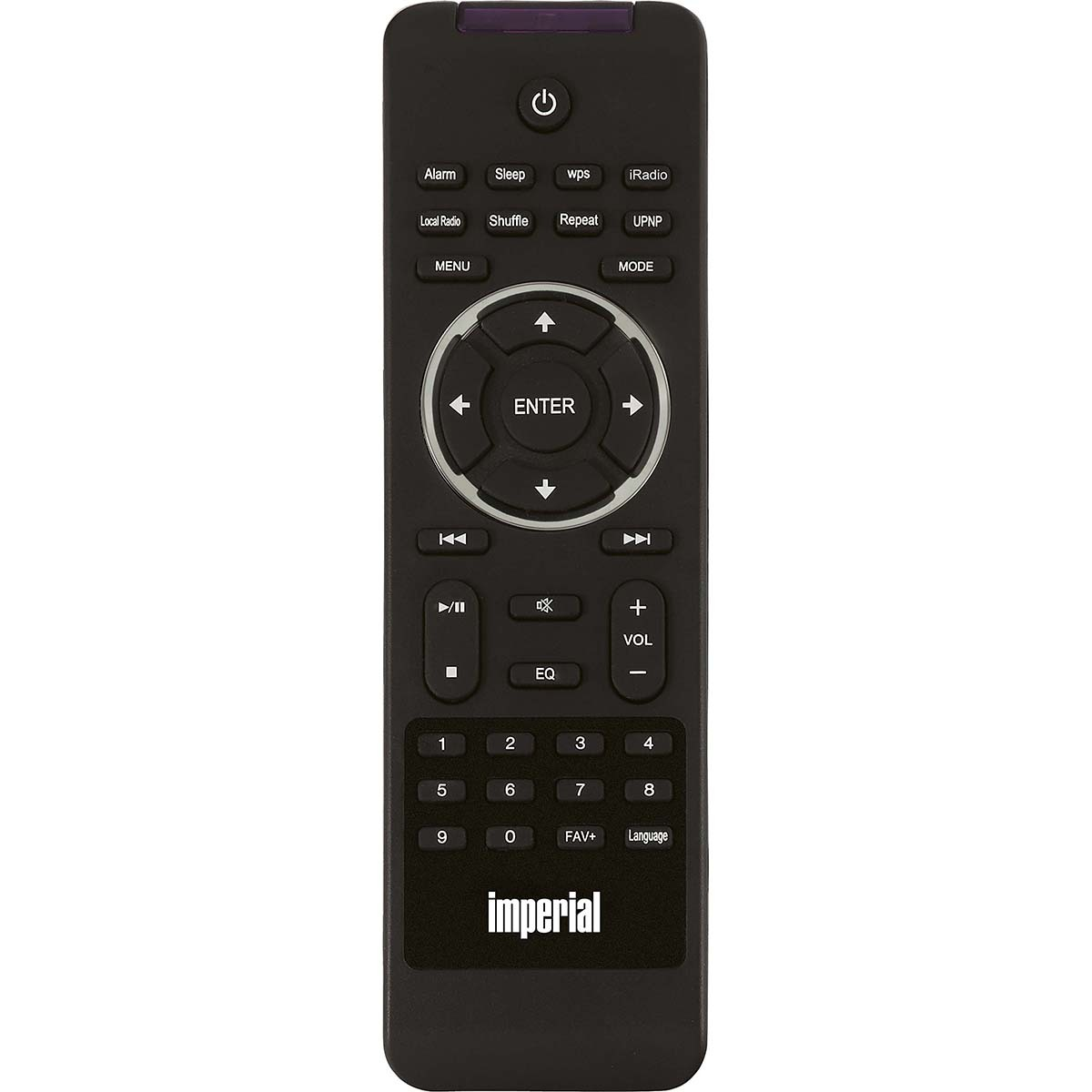 Un telecomando Imperial nero con pulsanti per accensione, volume, numeri e funzioni di menu. Il telecomando è rettangolare.