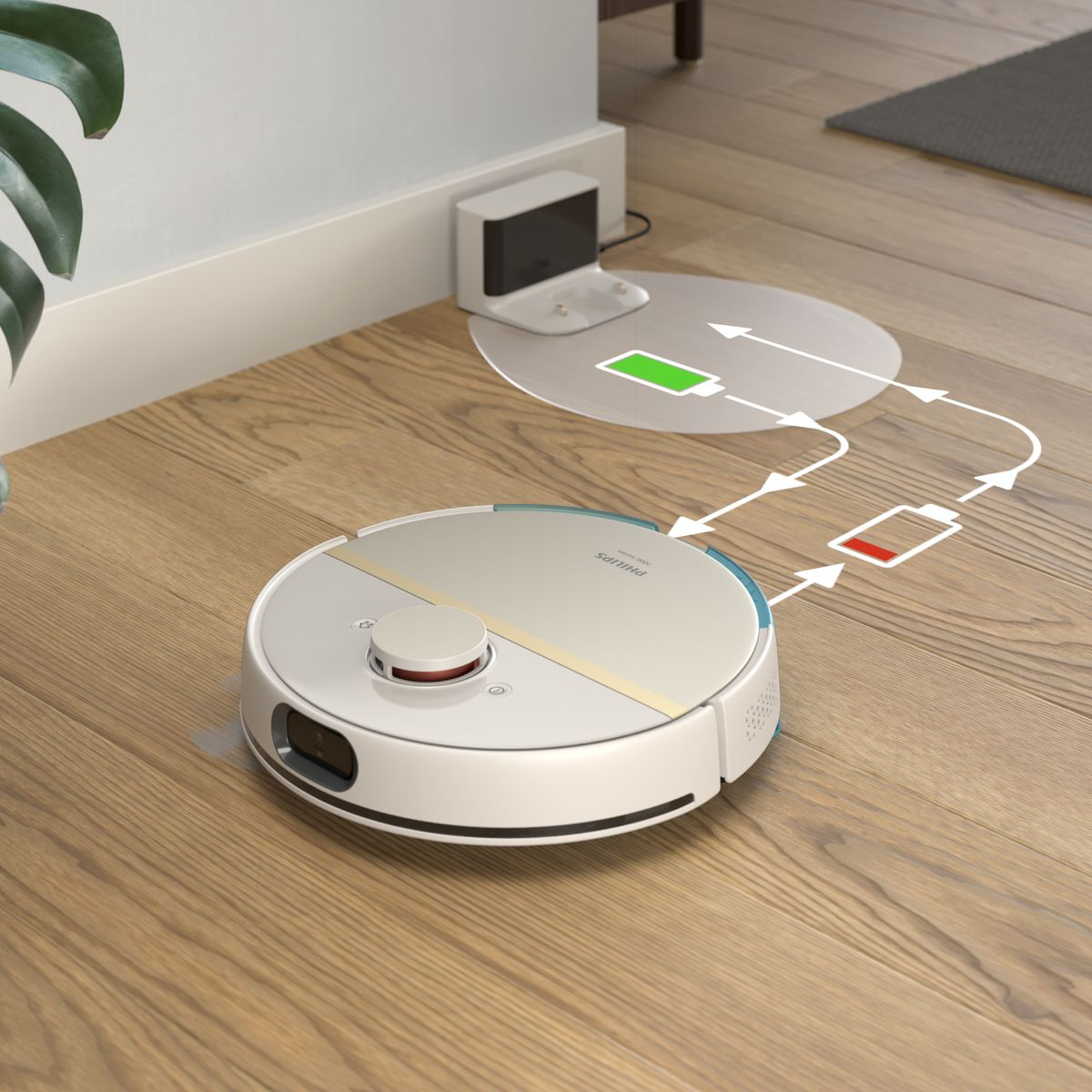 Weißer und grauer Roboter-Staubsauger auf Holzboden. Eine Ladestation befindet sich in der Nähe, mit Akku-Symbolen.