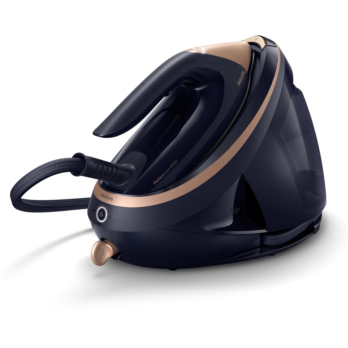 Ein Philips PerfectCare 9000 Bügeleisen, marineblau mit goldenen Akzenten, auf weißer Oberfläche. Ein Ein-/Ausschalter und Dampfschlauch sind sichtbar.