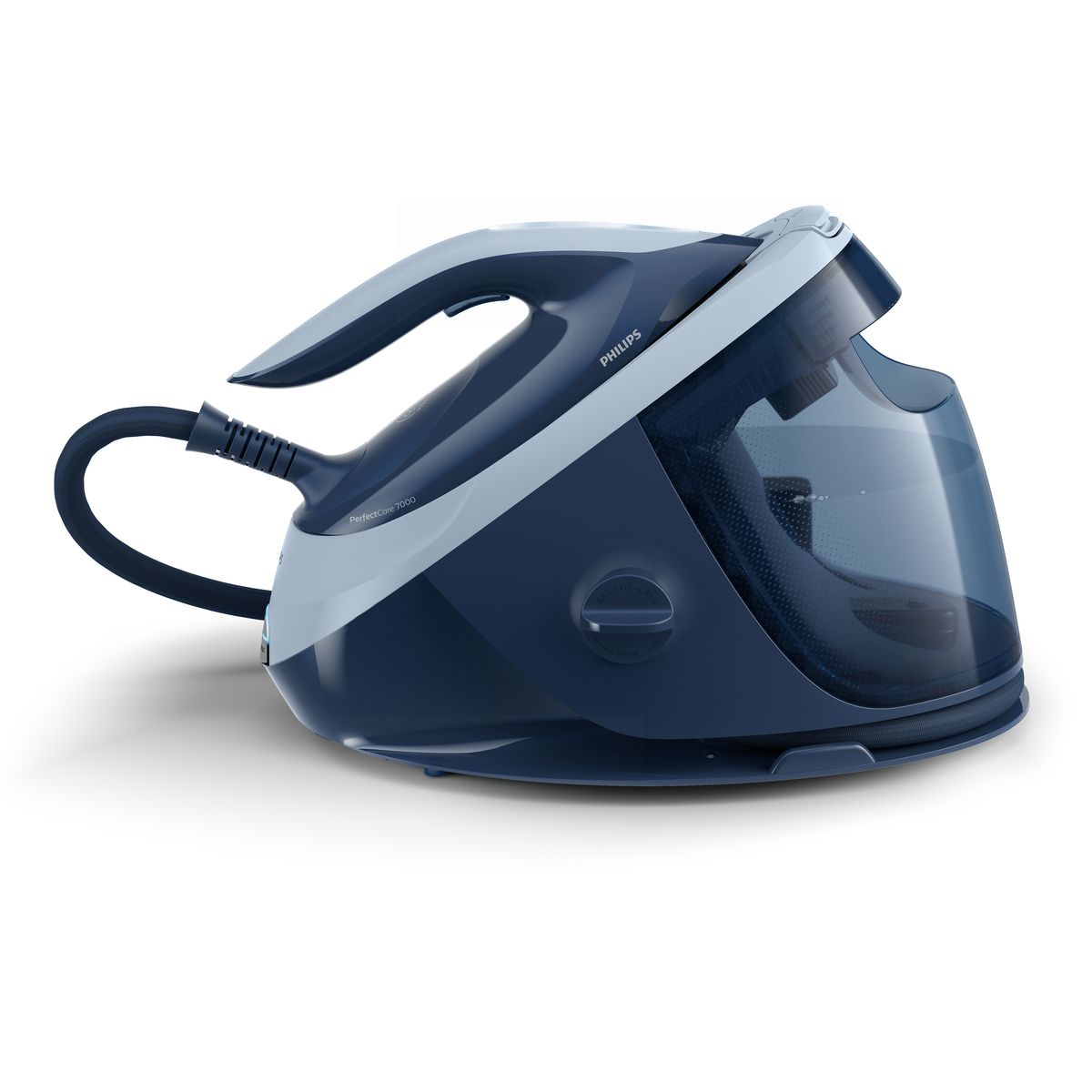 Ein blau-weißes Philips PerfectCare 7000 Dampfbügeleisen mit Wassertank, Griff und schwarzem Kabel, isoliert auf weißem Hintergrund.