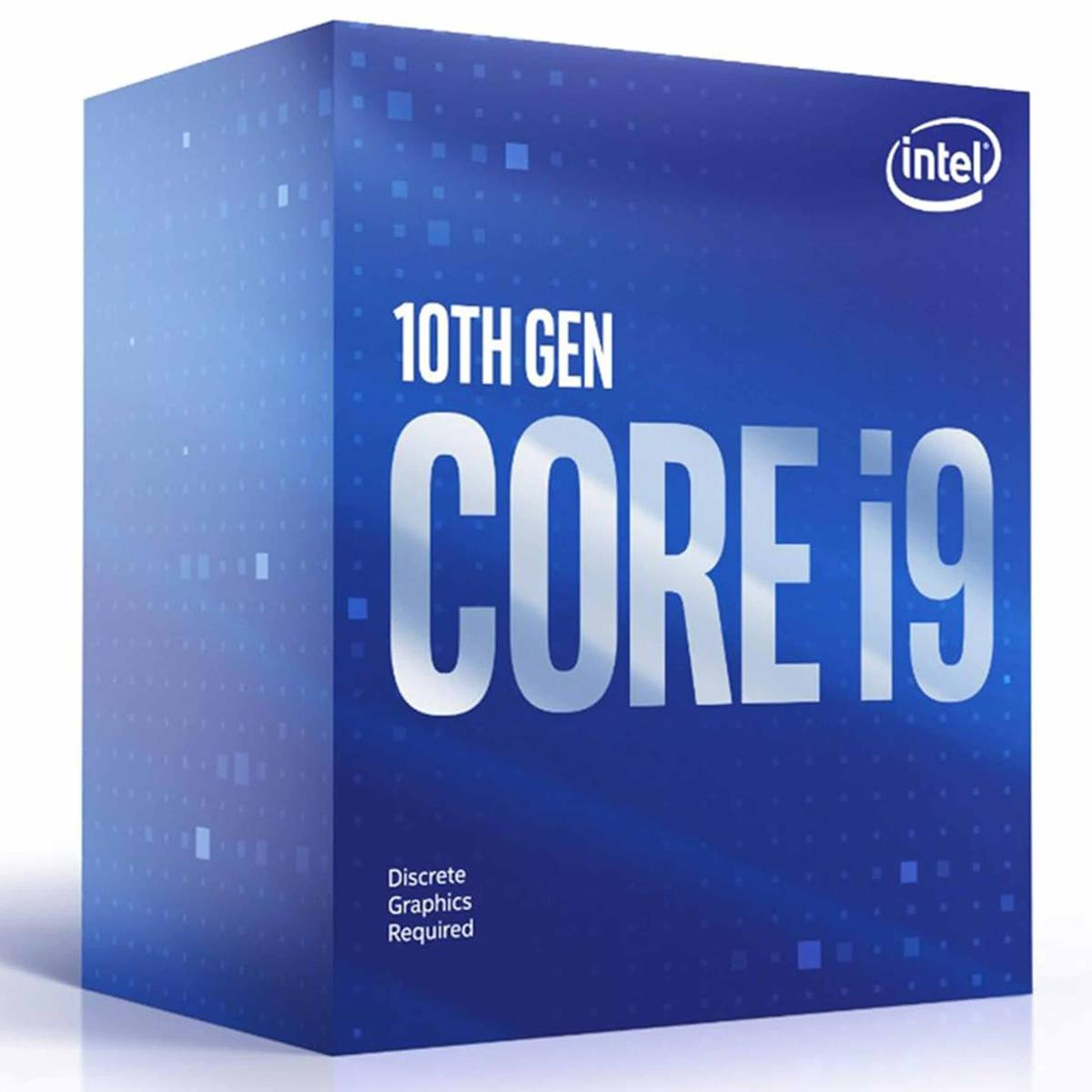 Scatola blu con testo '10th Gen Core i9' e logo Intel. Sulla scatola c'è anche scritto 'Discrete Graphics Required'.