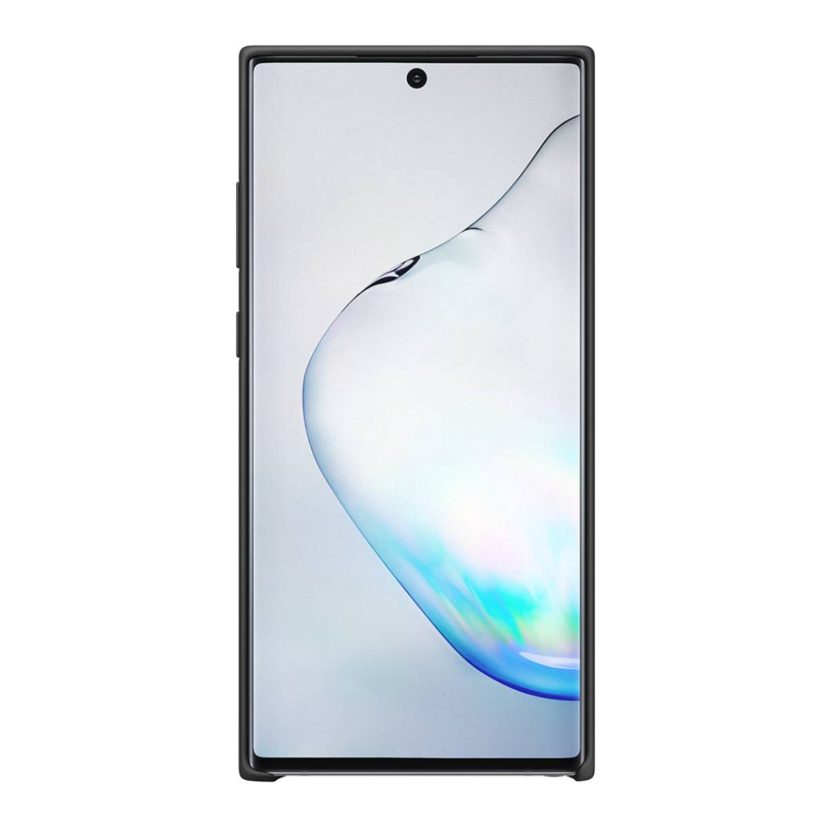 Uno smartphone con cornice nera e schermo con design astratto acquoso.