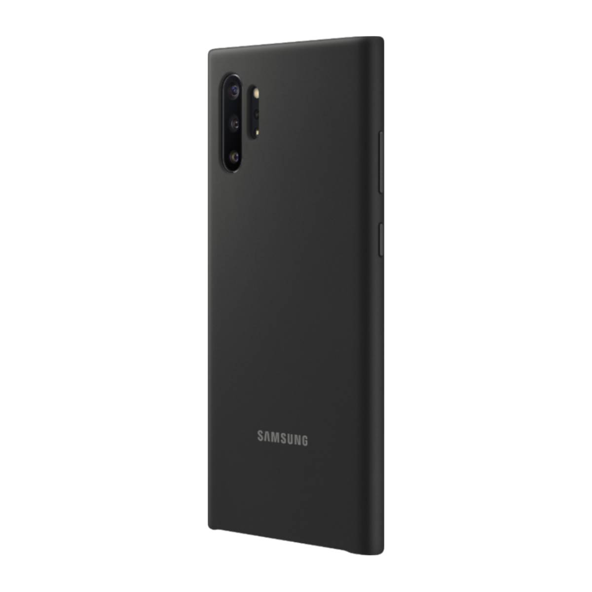 Uno smartphone nero, leggermente angolato, con logo Samsung in basso. Fotocamere e flash visibili in alto.