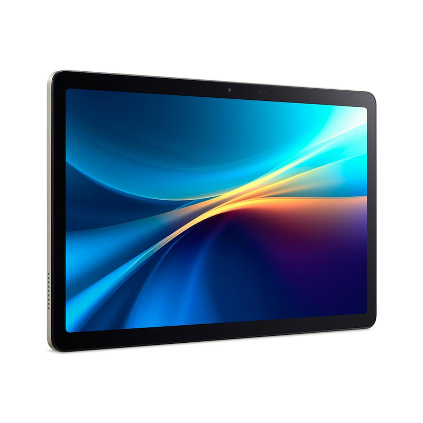 Tablet z niebieskim, żółtym i fioletowym abstrakcyjnym tłem. Tablet ma czarną ramkę i jasnosrebrną ramkę.