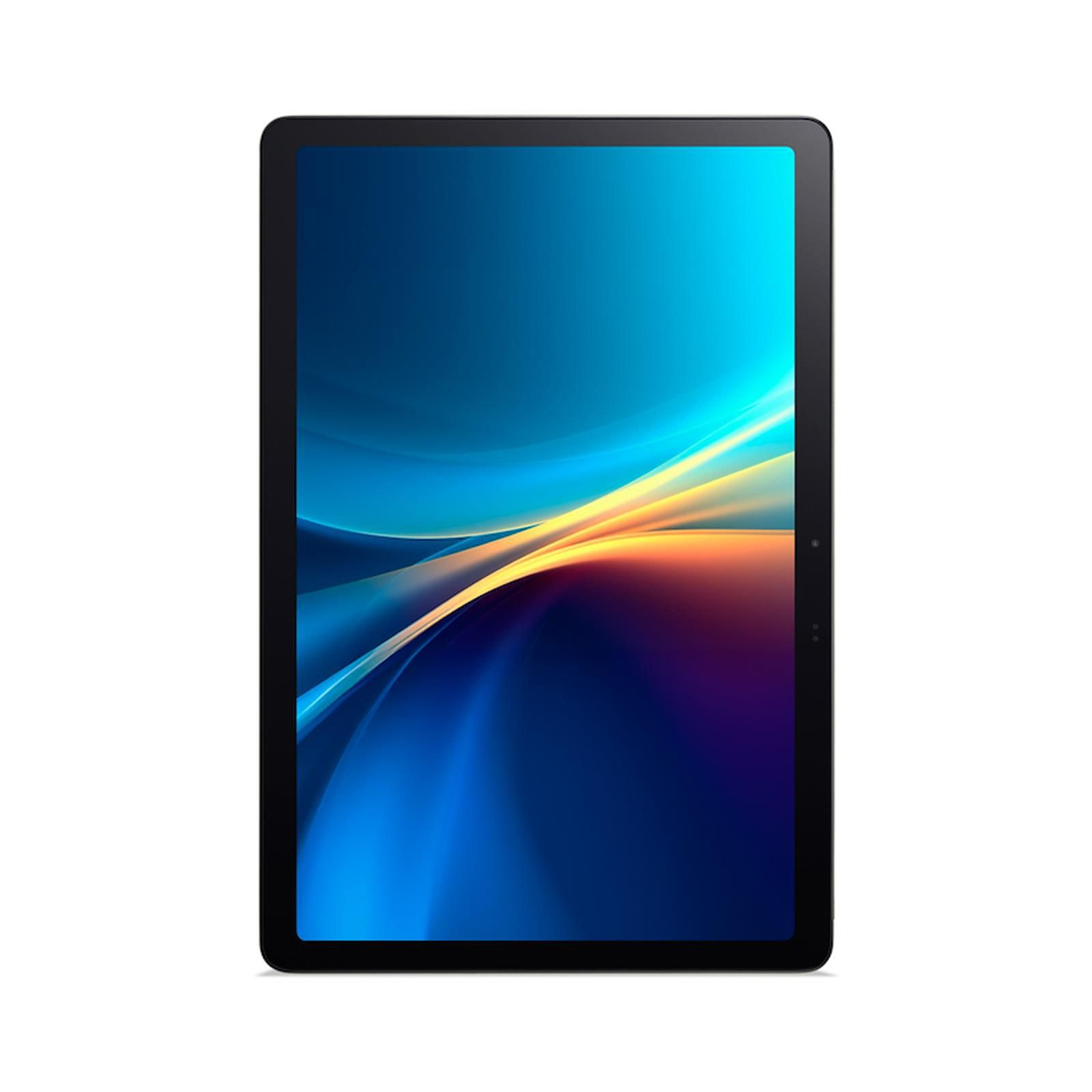 Tablet z czarną ramką. Ekran pokazuje niebiesko-pomarańczowy gradient z wzorami fal.