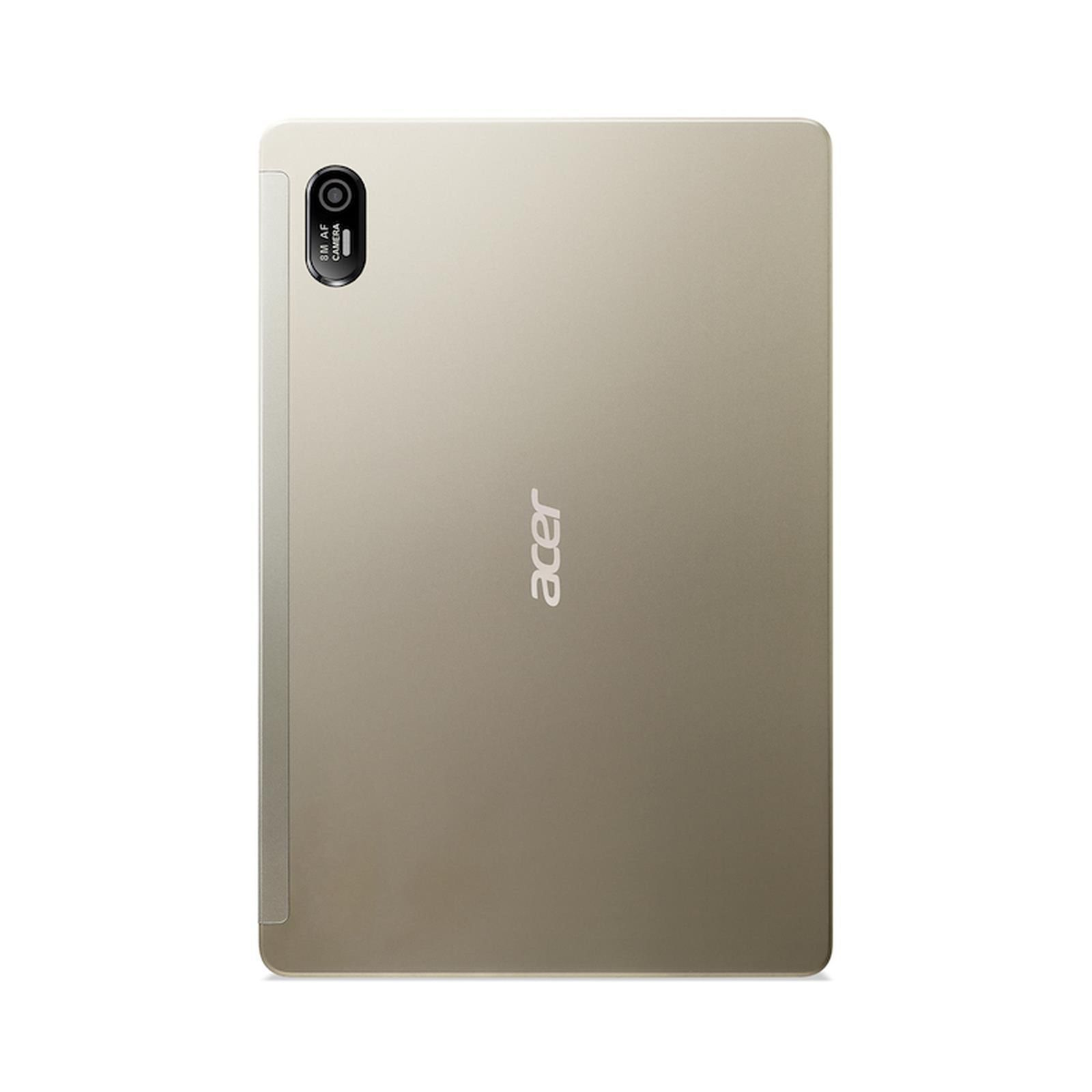 Złoty tablet Acer. Ma aparat, a logo Acer znajduje się z przodu.