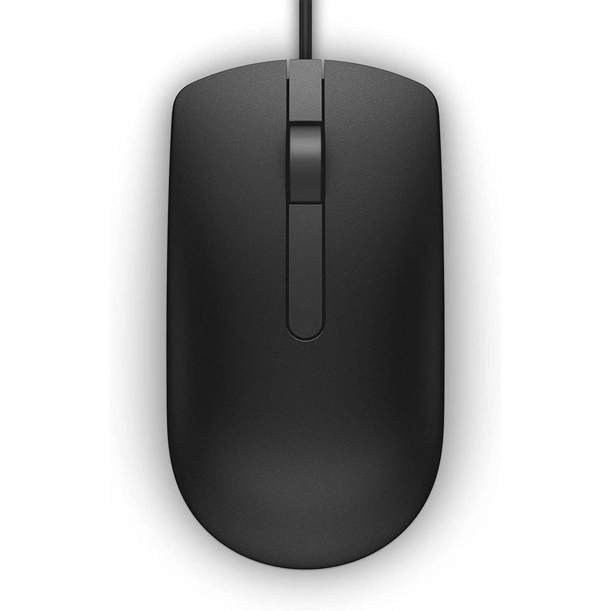A black computer mouse with a scroll wheel and a connecting cable, set against a white background.  The mouse is oval shaped.