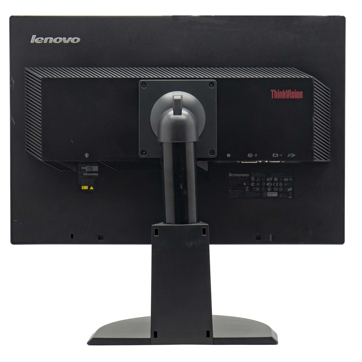Retro di un monitor Lenovo ThinkVision nero, con supporto. Logo Lenovo in alto, ThinkVision a destra. Porte ed etichette visibili.