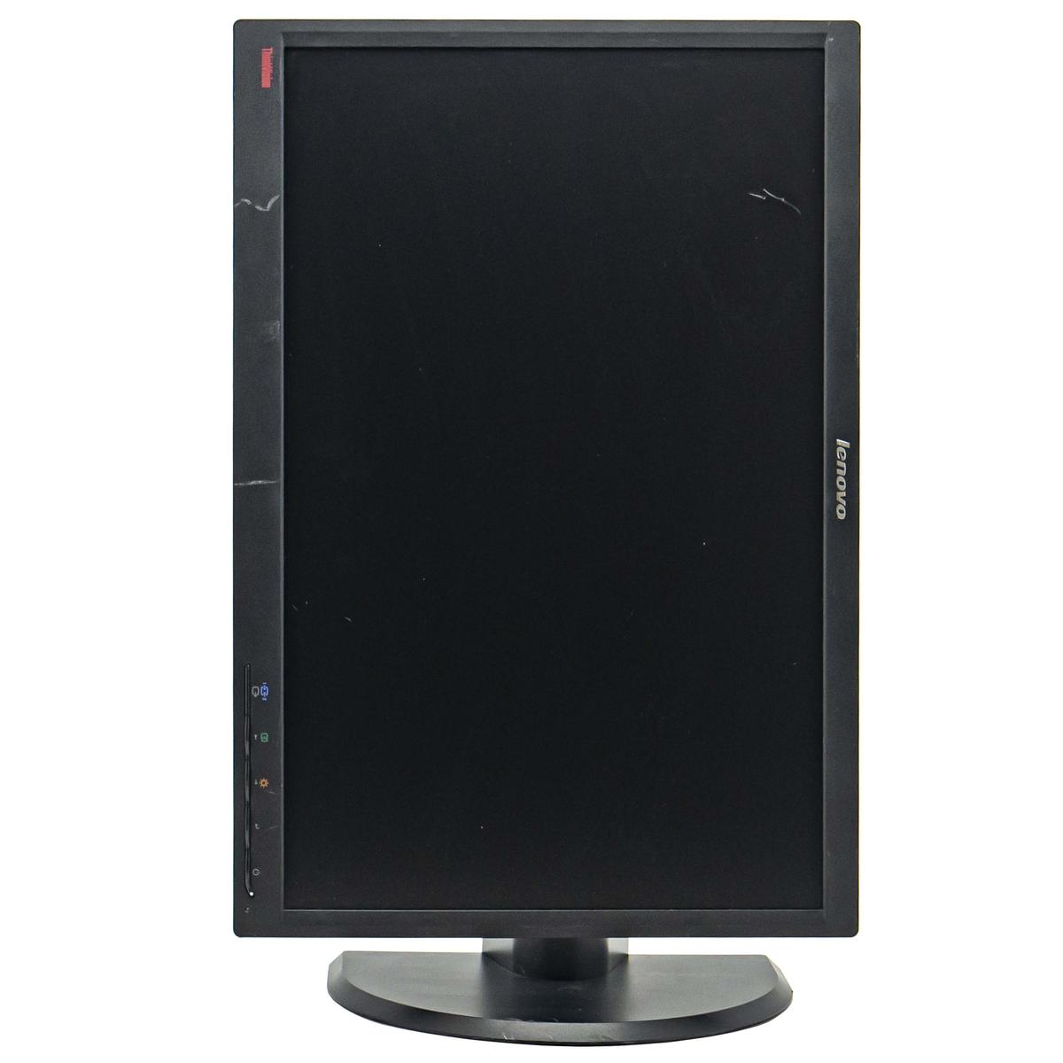 Un monitor Lenovo nero. Lo schermo è nero. Il supporto è rotondo. Sono visibili graffi sul lato dello schermo.