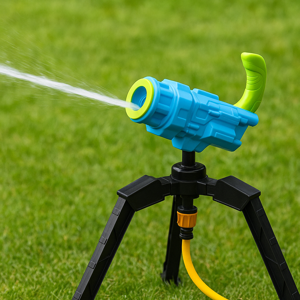 Ein blau-grüner Wassersprenger auf einem schwarzen Dreibein versprüht Wasser auf einen grünen Rasen. Ein gelber Schlauch ist mit dem Sprenger verbunden.