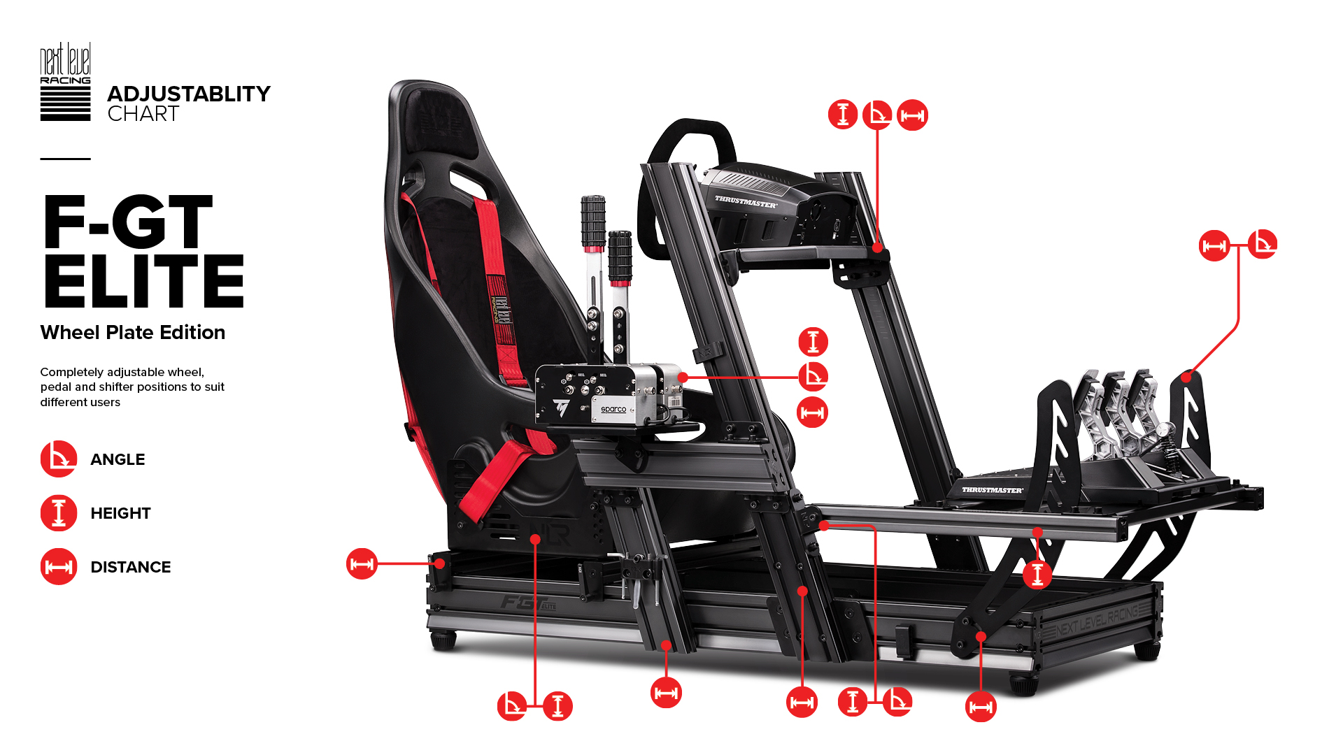 Un simulador de carreras negro con detalles rojos. Cuenta con posiciones ajustables para el volante, los pedales y el cambio.