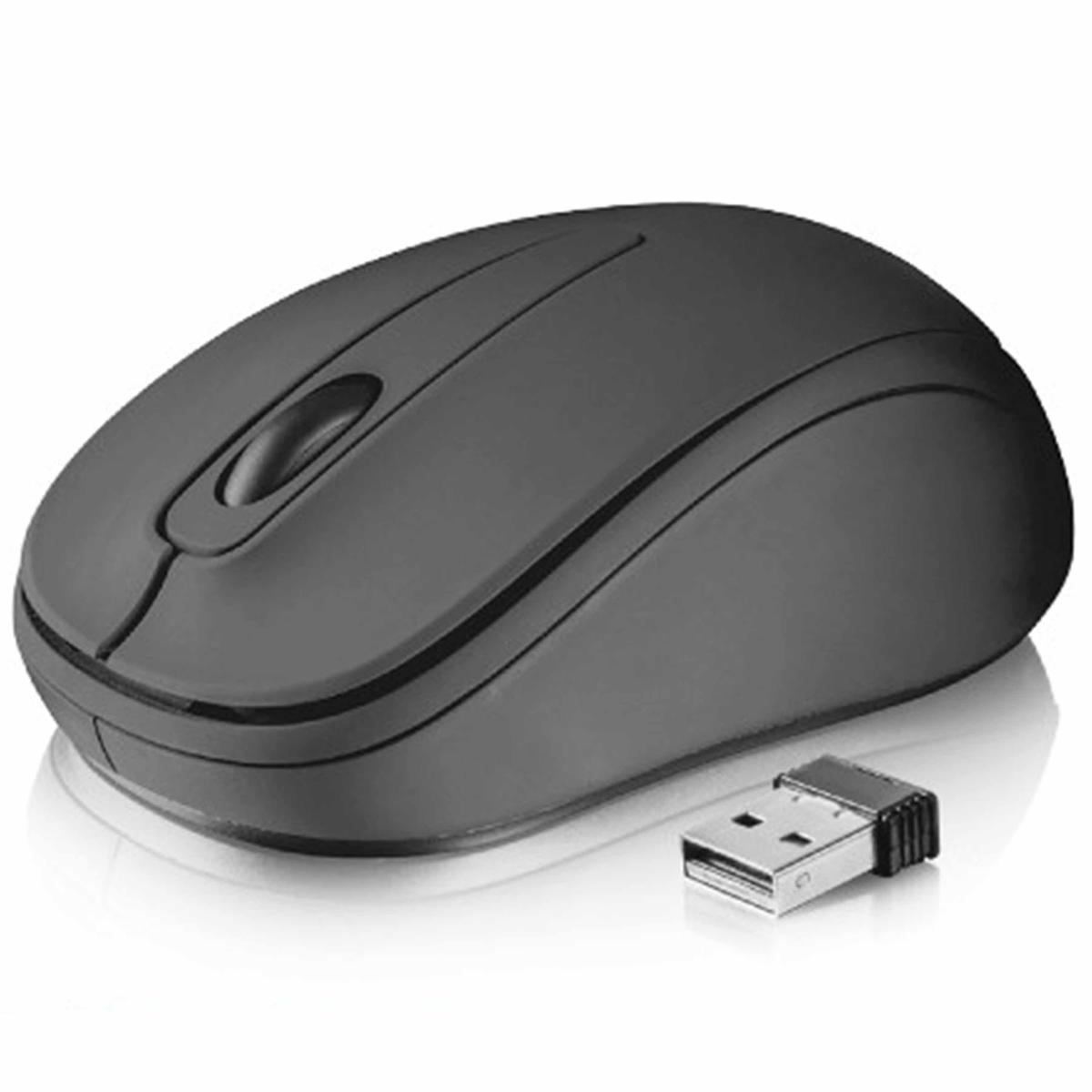 Eine graue drahtlose Computermaus mit einem kleinen USB-Empfänger. Die Maus hat ein Scrollrad und zwei Tasten. Der Hintergrund ist weiß.