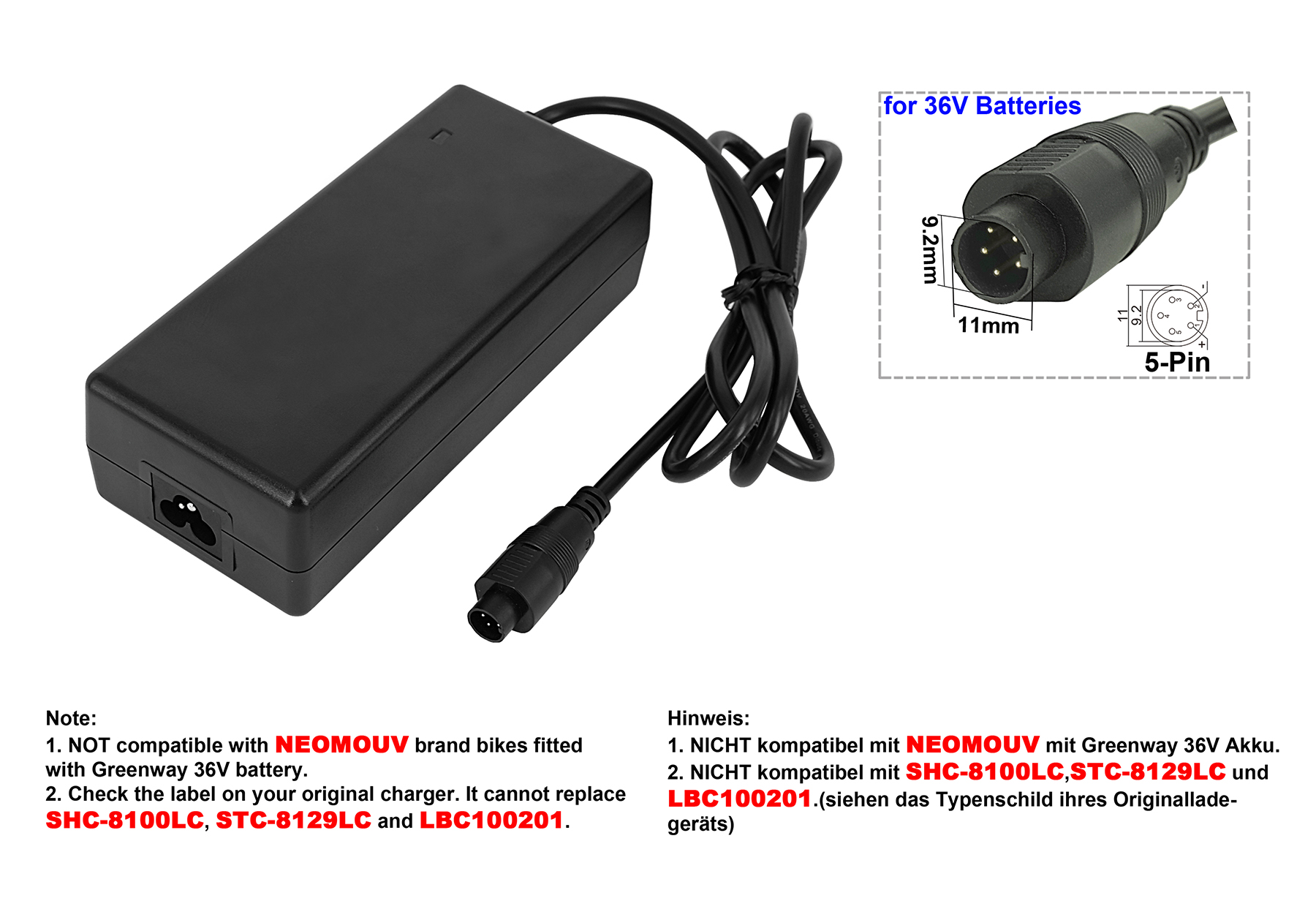Schwarzes Ladegerät mit 5-Pin-Anschluss. Text enthält Hinweise zur Kompatibilität und Abmessungen. Aufschrift: 'für 36V Batterien'.